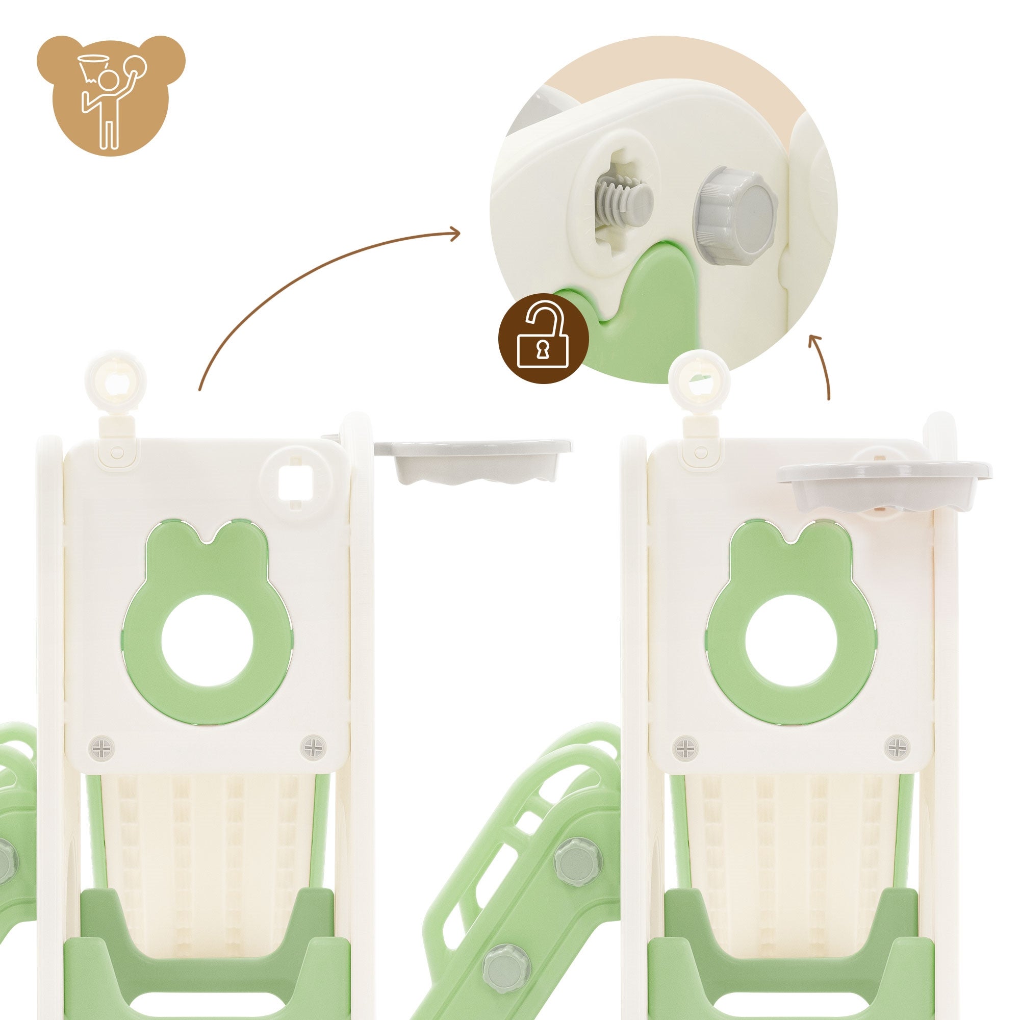 Toboggan 3en1 blanc-vert pour enfants structure de jeu en plastique avec panier de basket et échelle sûre d’activité pour tout-petits dès 3 ans - 3