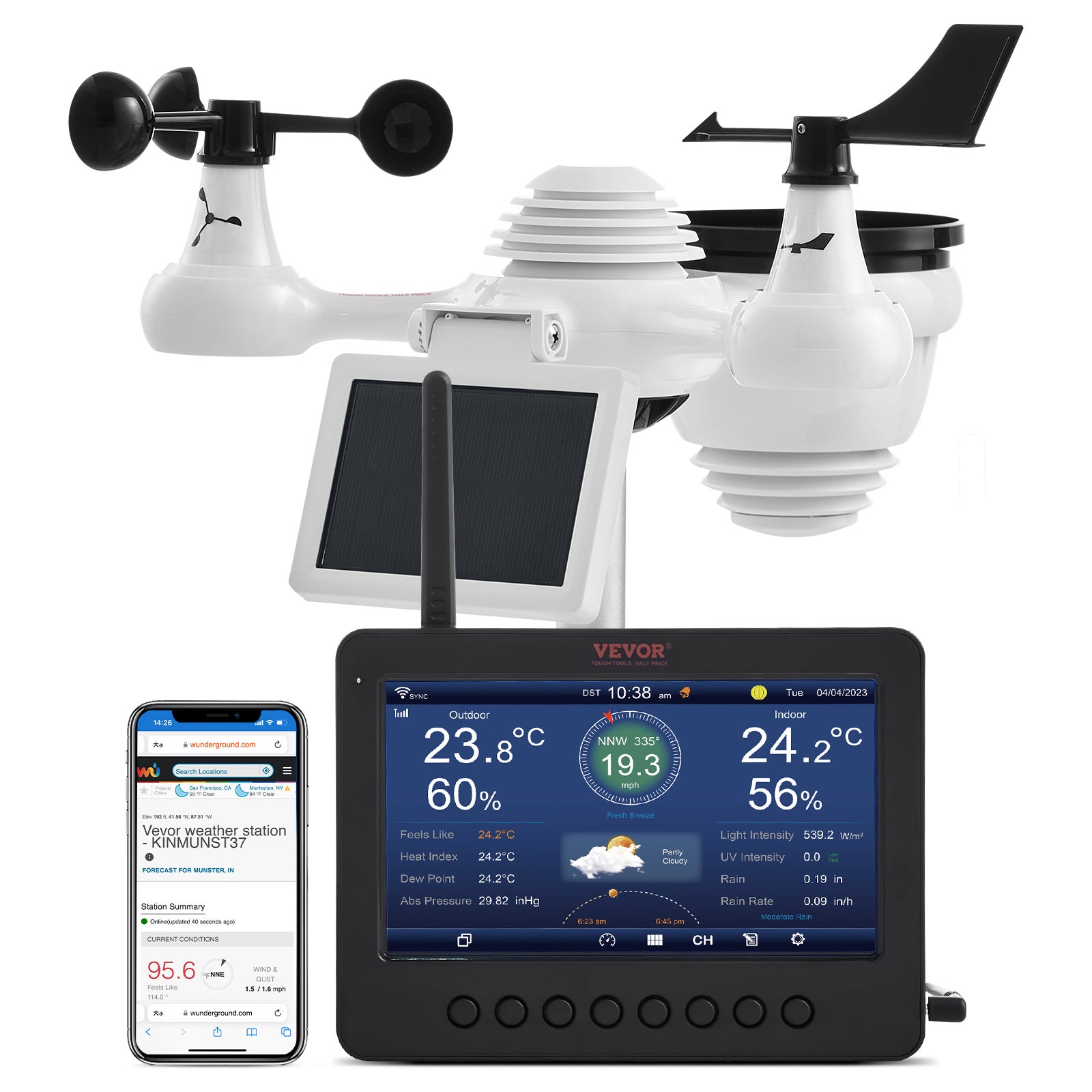 Stacja pogodowa 7 w 1 WLAN 186 mm wyświetlacz TFT Bezprzewodowy czujnik zewnętrzny IPX6 VEVOR
