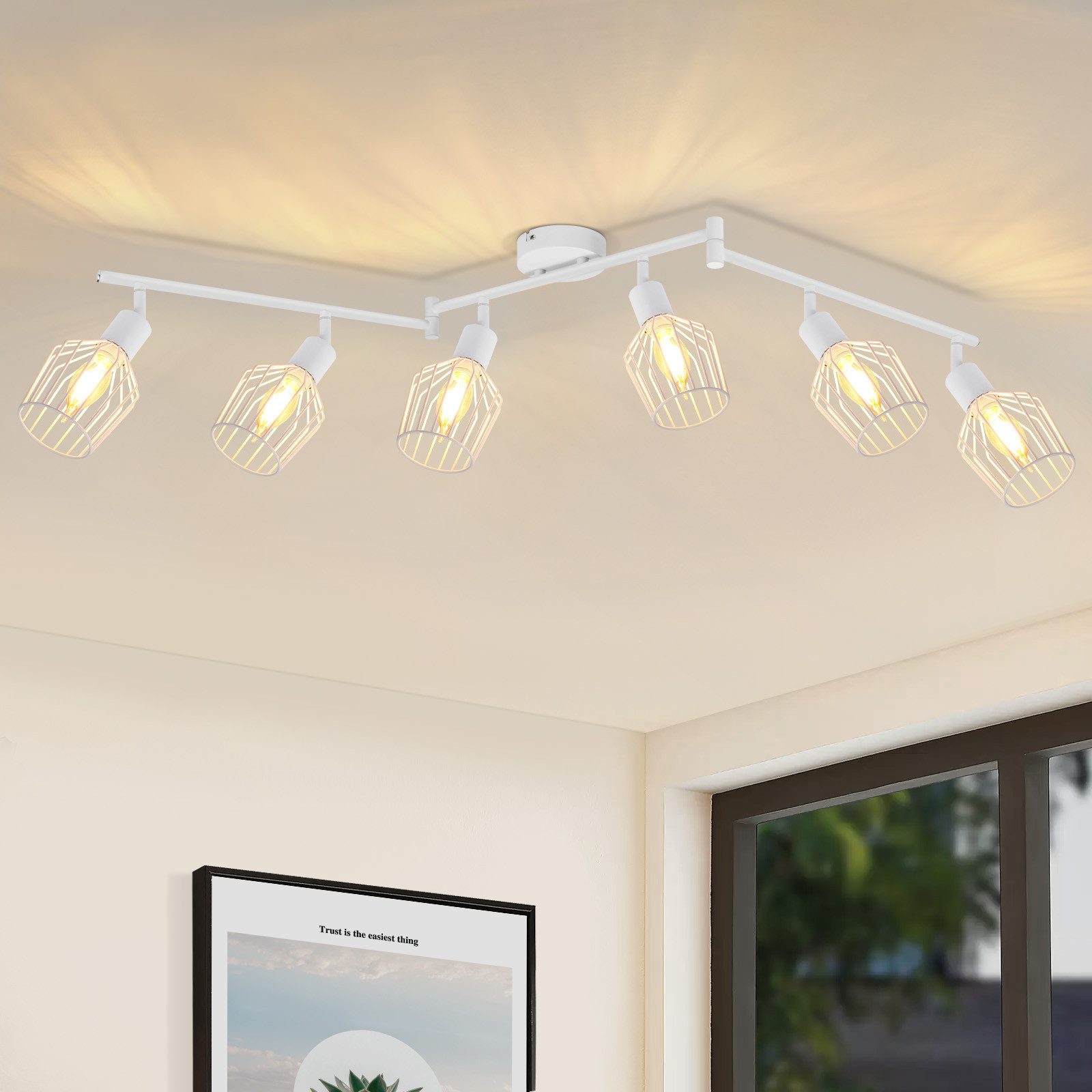 ZMH Lampa sufitowa z 6 żarówkami E14, reflektor w kolorze retro, biały, regulowany w zakresie 350° LED