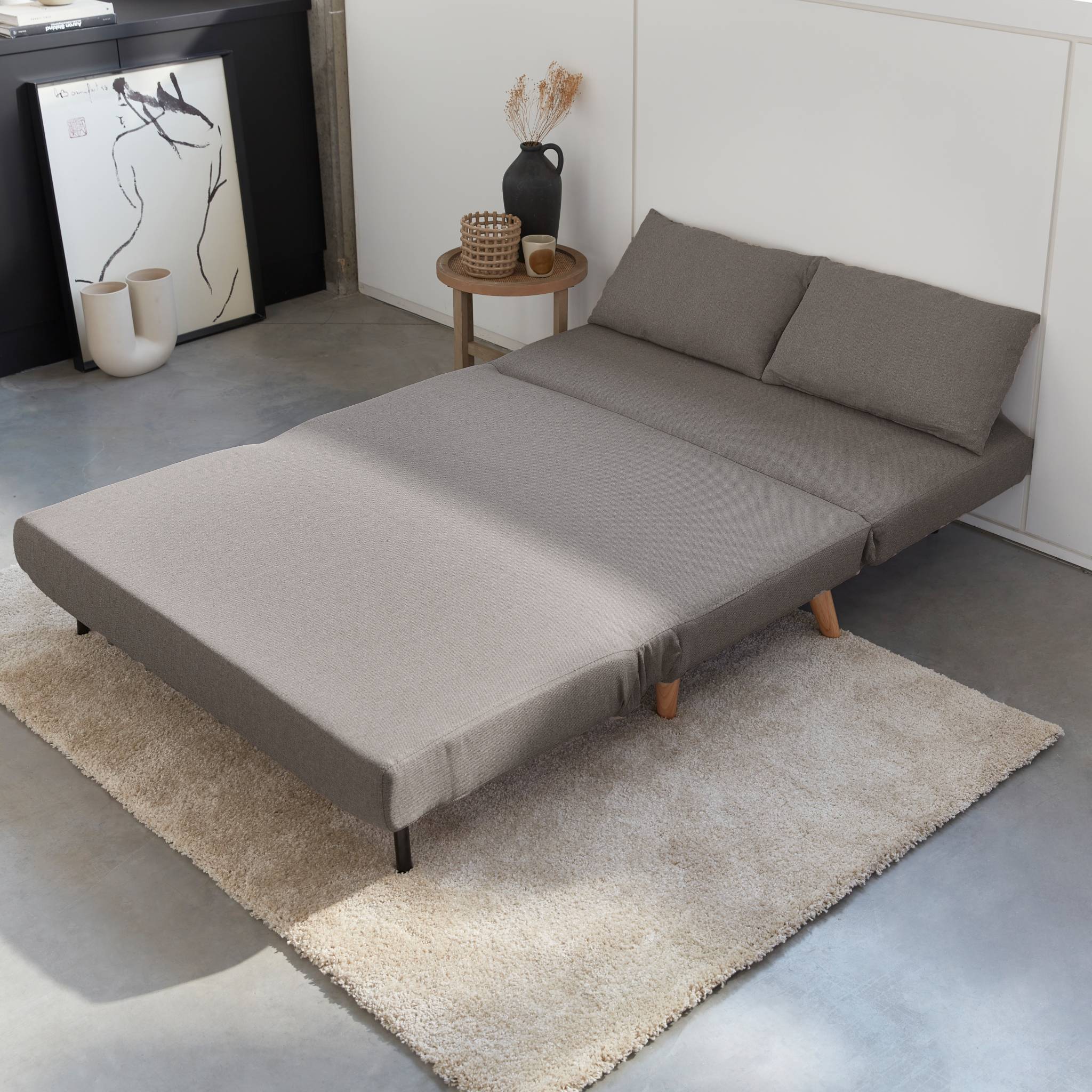 Canapé convertible en tissu - Guesta - 2 places scandinave. pieds bois foncé. gris clair. banquette. dossier inclinable - 3