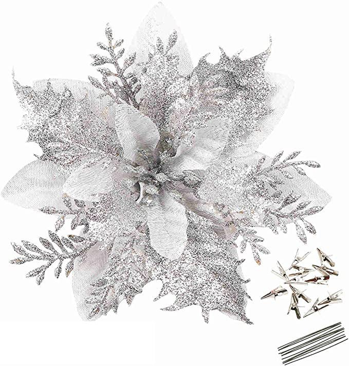 15 Fleurs De Poinsettia Pailletées Noël – 14x14 Cm – Rouge, Or, Argent – Décoration Sapin, Guirlande, Mariage, Fête - 3