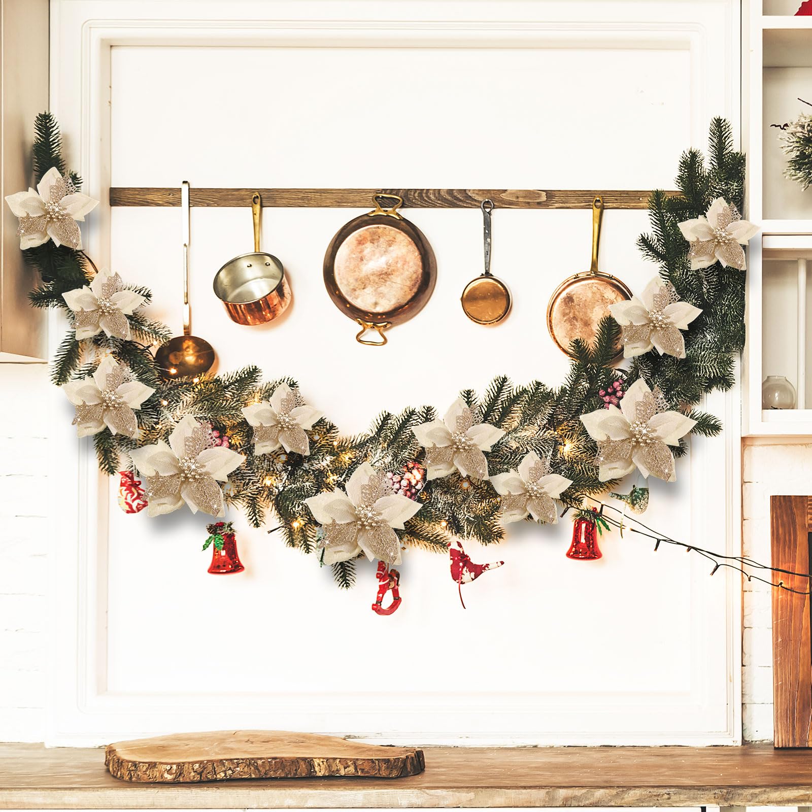 16 pezzi di decorazioni natalizie, fiori artificiali di Natale glitterati con clip, decorazioni per l'albero di Natale, pendenti con fiori di Natale - 6