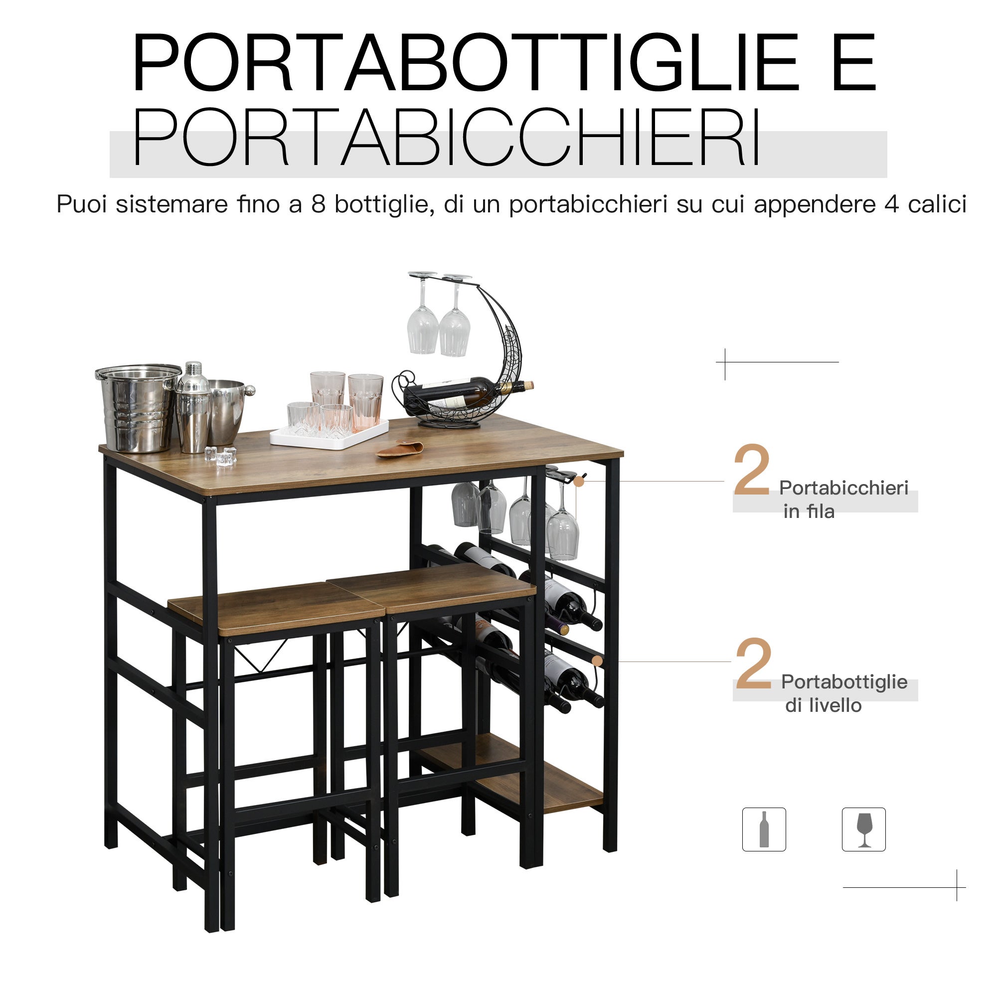 HOMCOM Set Tavolo 2 Sgabelli Alti Da Bar In Legno Isola Cucina Con Portabottiglie E Portabicchieri In Stile Industriale - 5