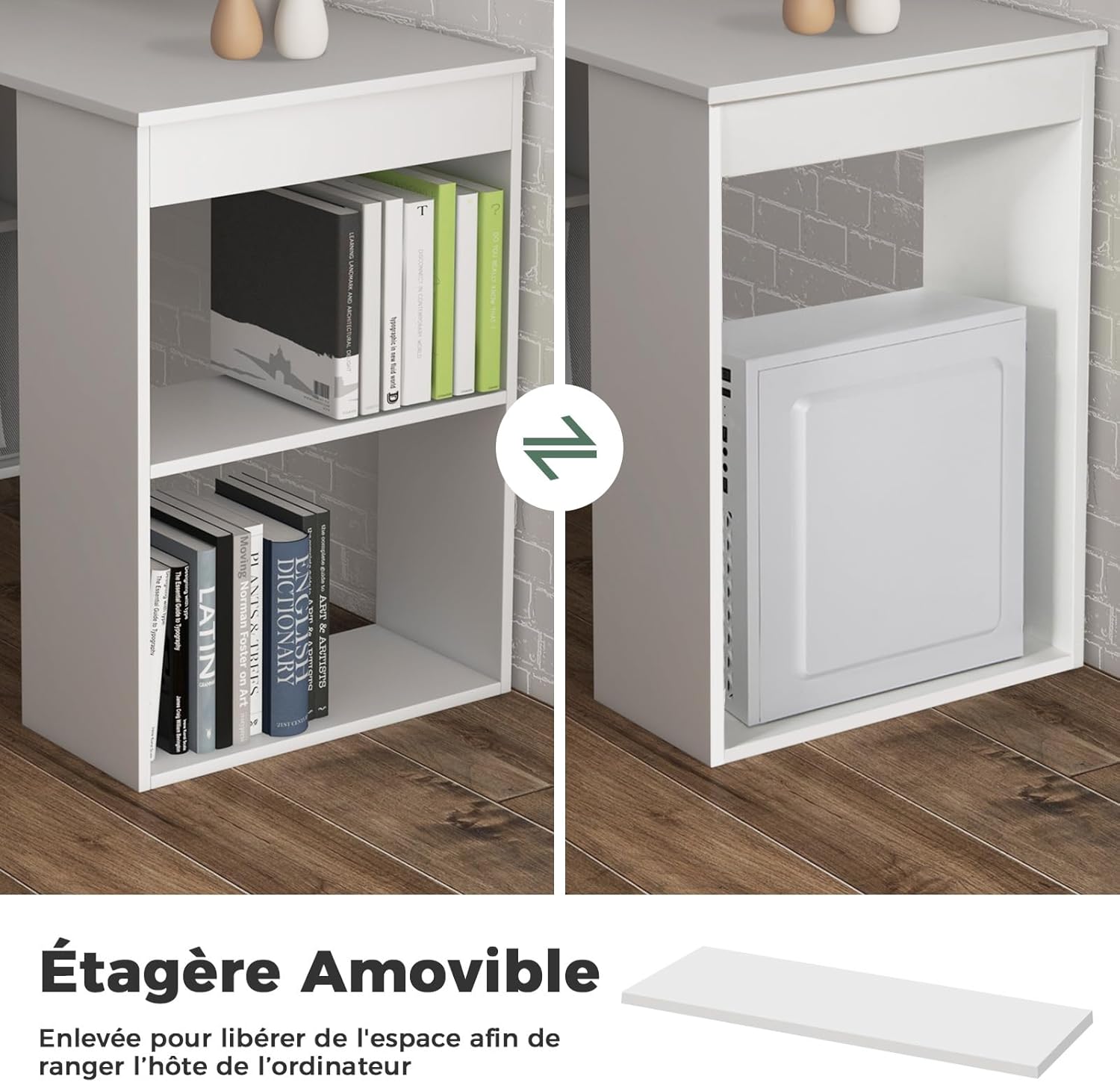 Bureau d'Ordinateur Réversible avec Bibliothèque,Assemblage Facile, pour Maison, Bureaux (Blanc) - 9