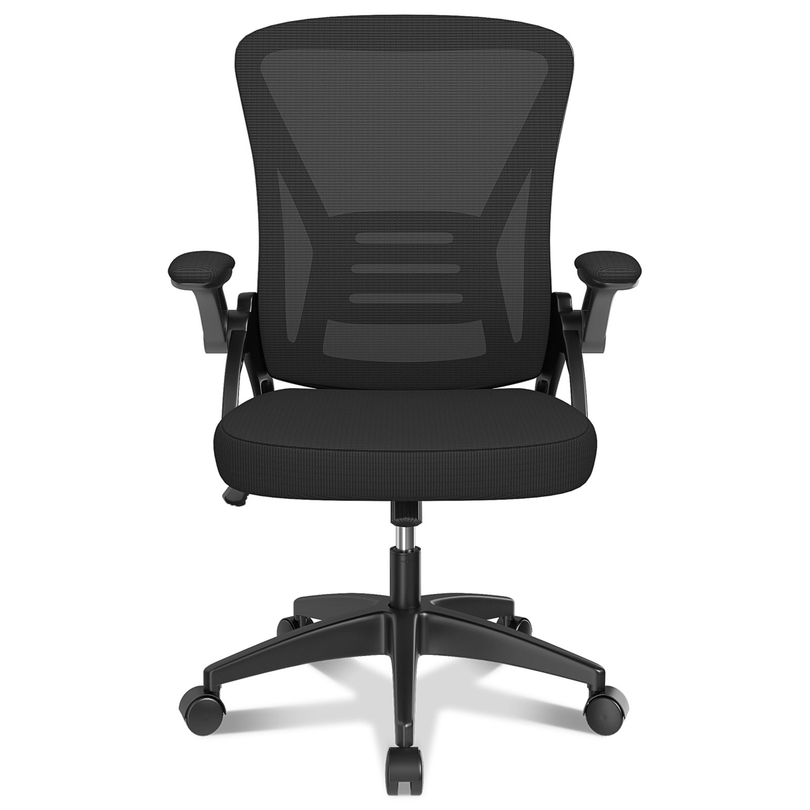 Fotel biurowy Rattantree, ergonomiczny fotel biurowy ze składanymi podłokietnikami, regulowana wysokość, podparcie lędźwiowe, czarny