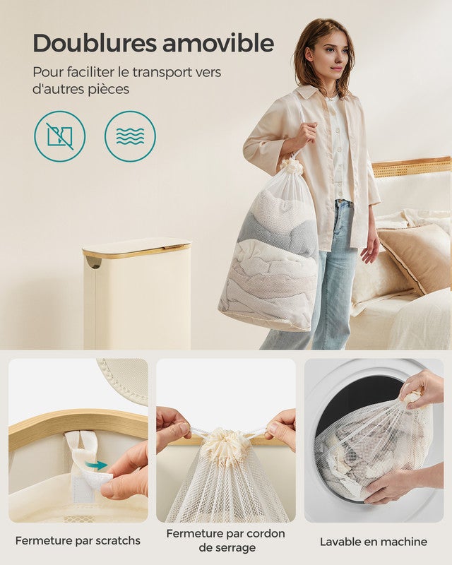 Panier à Linge Mince avec Couvercle, 65L, Doublure en Maille Amovible, Tissu Oxford, Pliable, 42 x 22,5 x 70,5 cm, Blanc Crème - 6