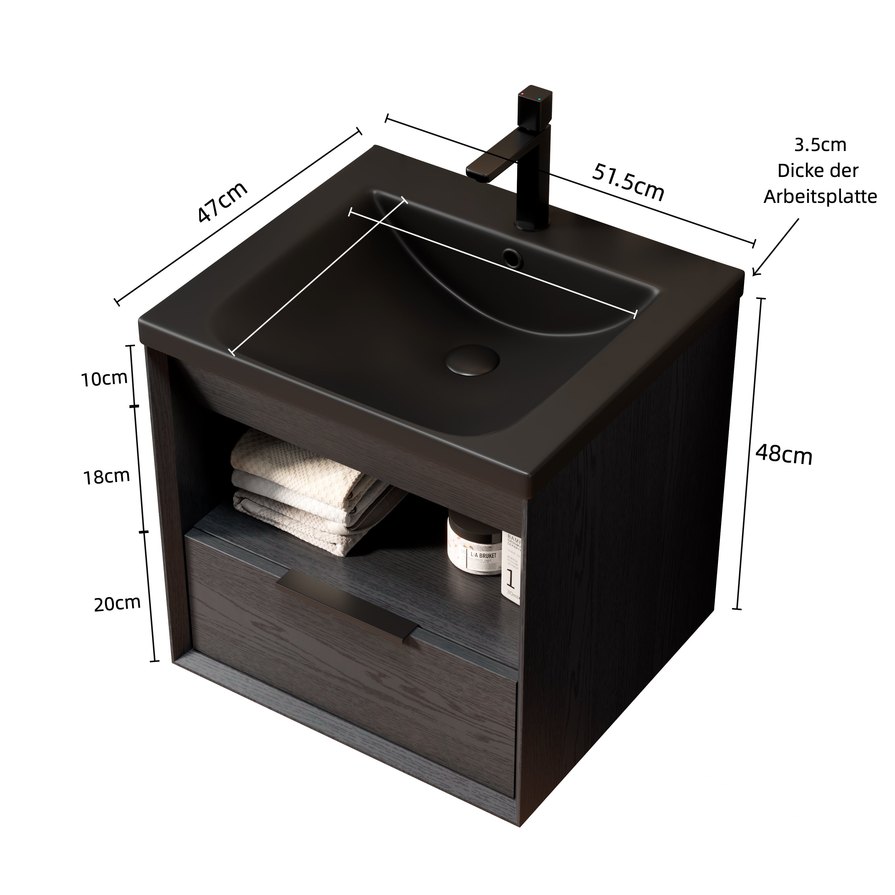 Meuble vasque mural noir 51 cm avec vasque intégrée en céramique ...