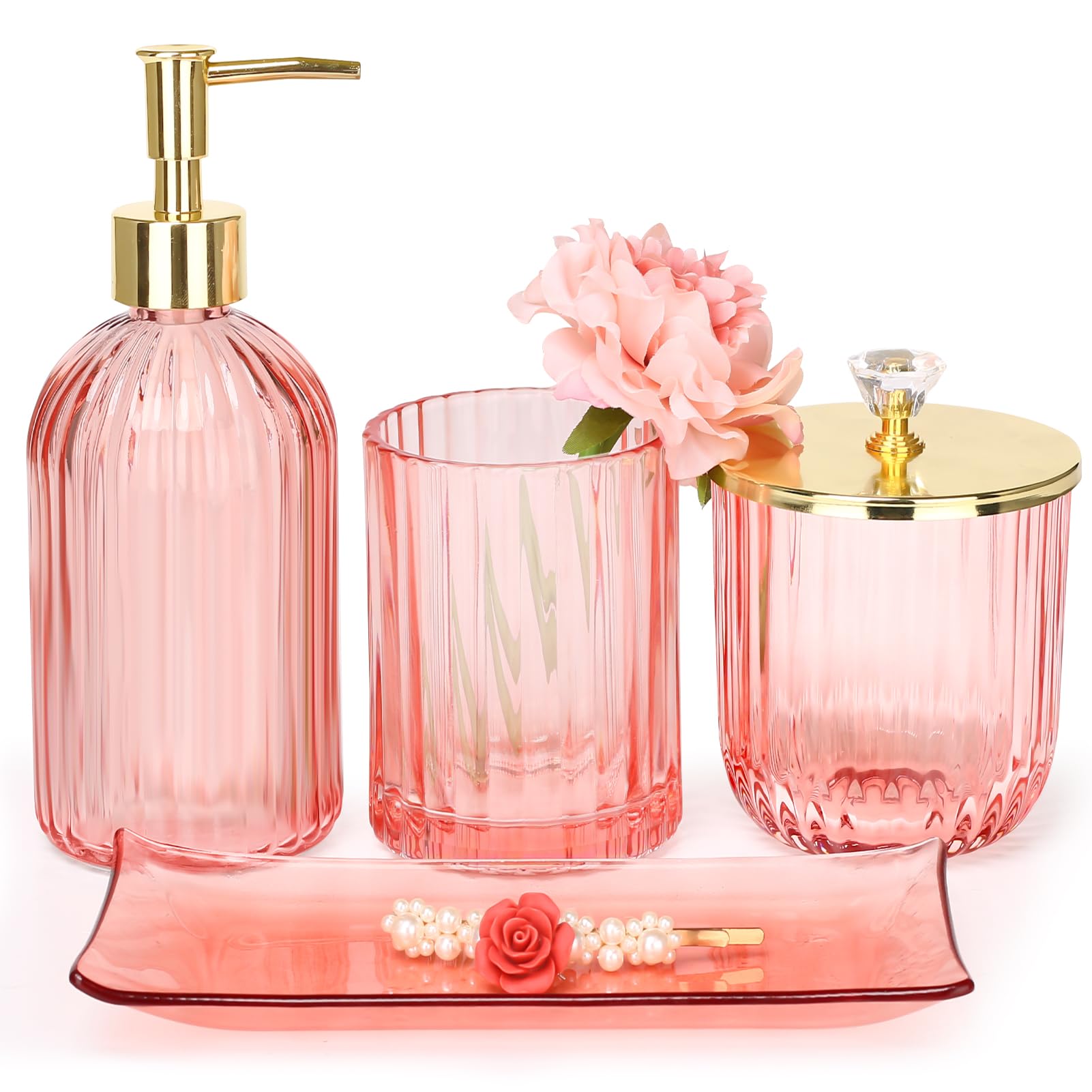 WHOLE HOUSEWARES Set di 4 accessori da bagno in vetro decorativo verde lucido | dispenser di sapone, portaspazzolino, vasetto di cotone, vassoio da toeletta | idea regalo | design simile a una