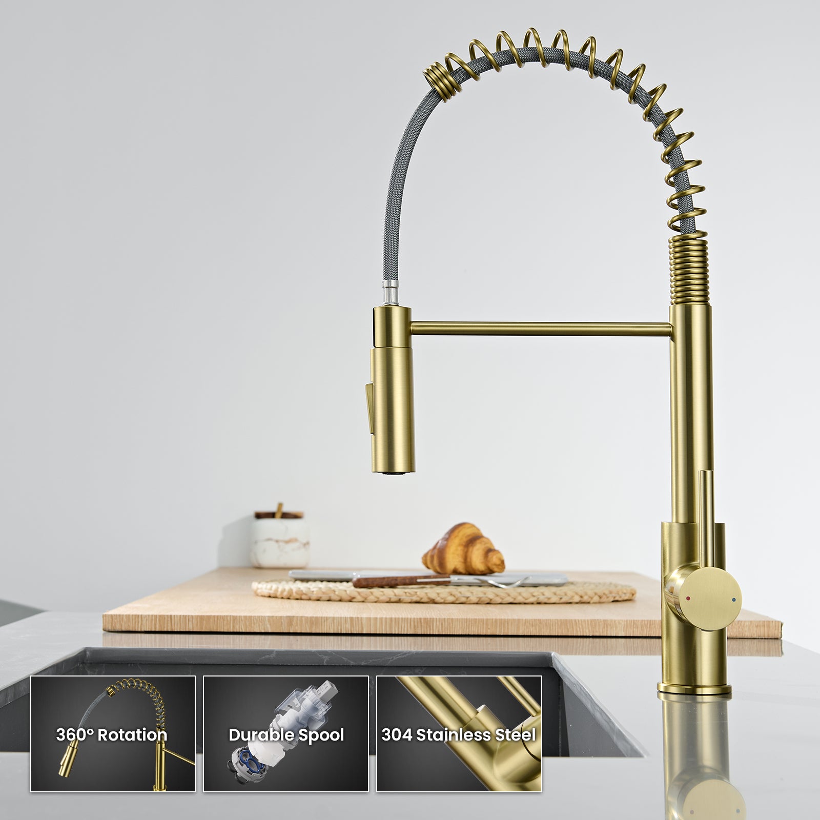 Cecipa Max Robinet Cuisine avec Douchette Extractible Dore, Mitigeur Cuisine avec 2 Jets, Robinet évier avec douchette - 5