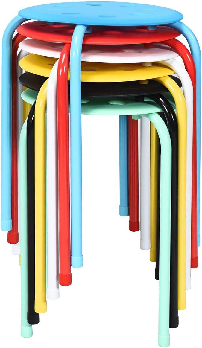 Zestaw 6 Lekkich Stołków bez Oparcia z Metalową Ramą/Plastikowym Siedziskiem, Okrągłe Stołki, Wielokolorowe