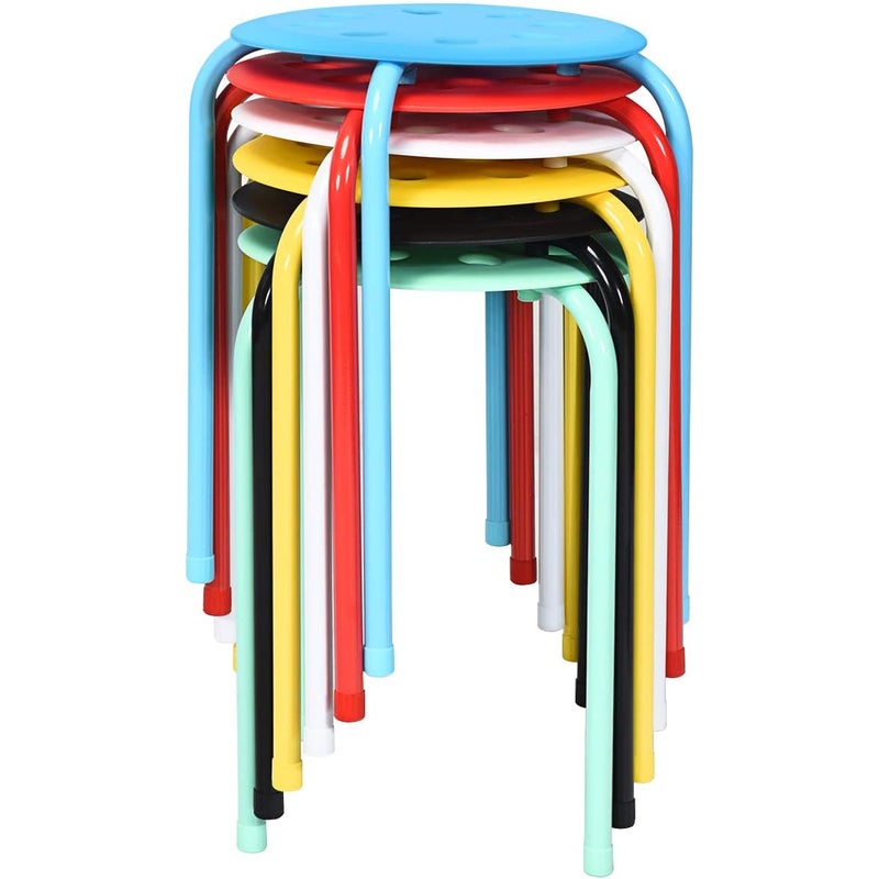 Zestaw 6 Lekkich Stołków bez Oparcia z Metalową Ramą/Plastikowym Siedziskiem, Okrągłe Stołki, Wielokolorowe