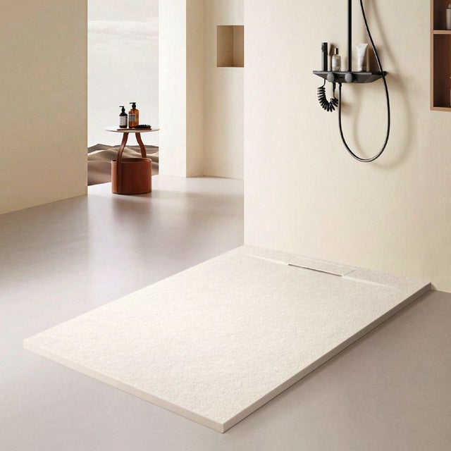 Plato de ducha de resina VIGO 80x100 antideslizante textura pizarra color beige con válvula oculta