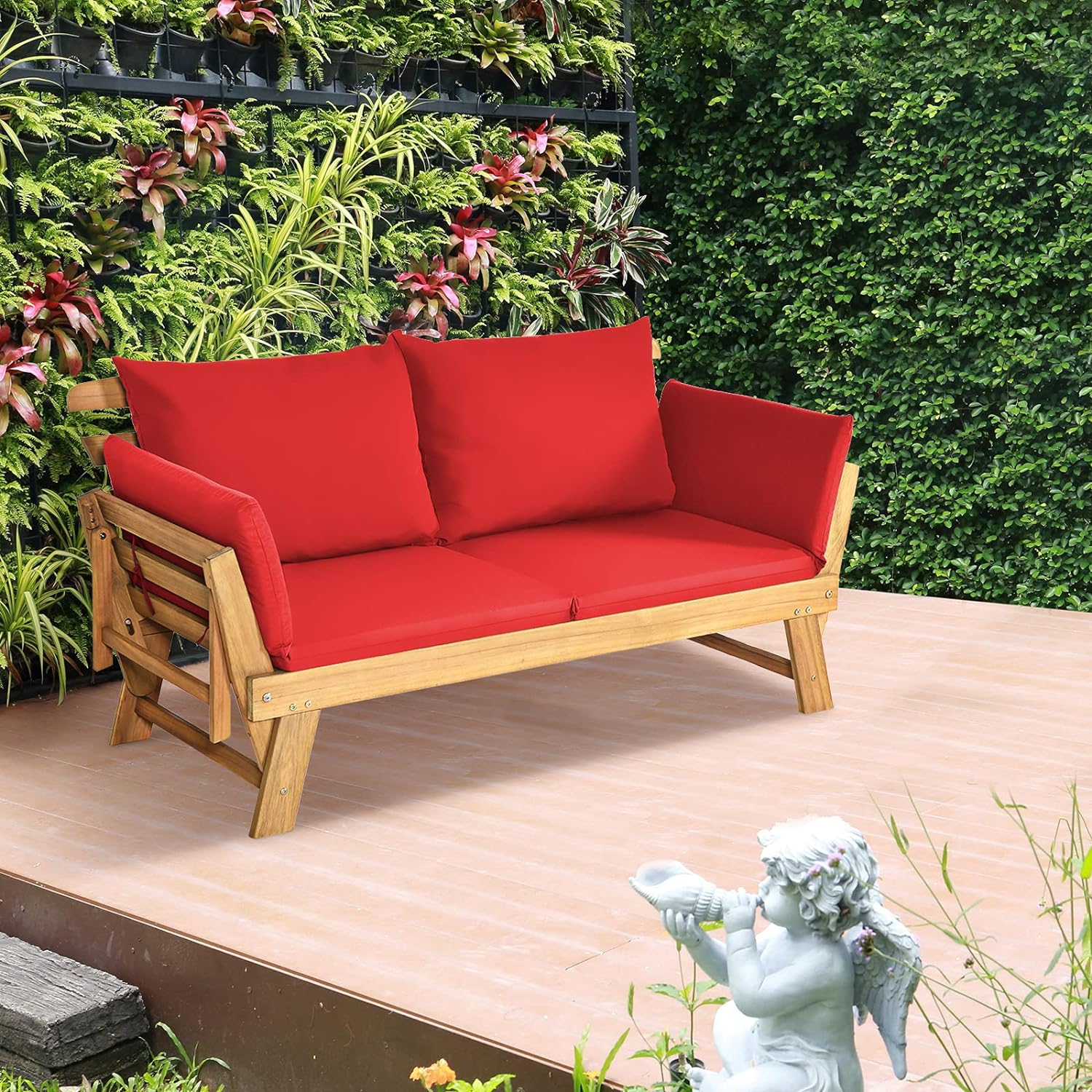 3 en 1 Canapé Lit de Jardin Extensible 2 Places Bois Acacia FSC Charge 320 KG-Accoudoirs Réglables/Coussins/Dossier Amovibles Rouge - 8