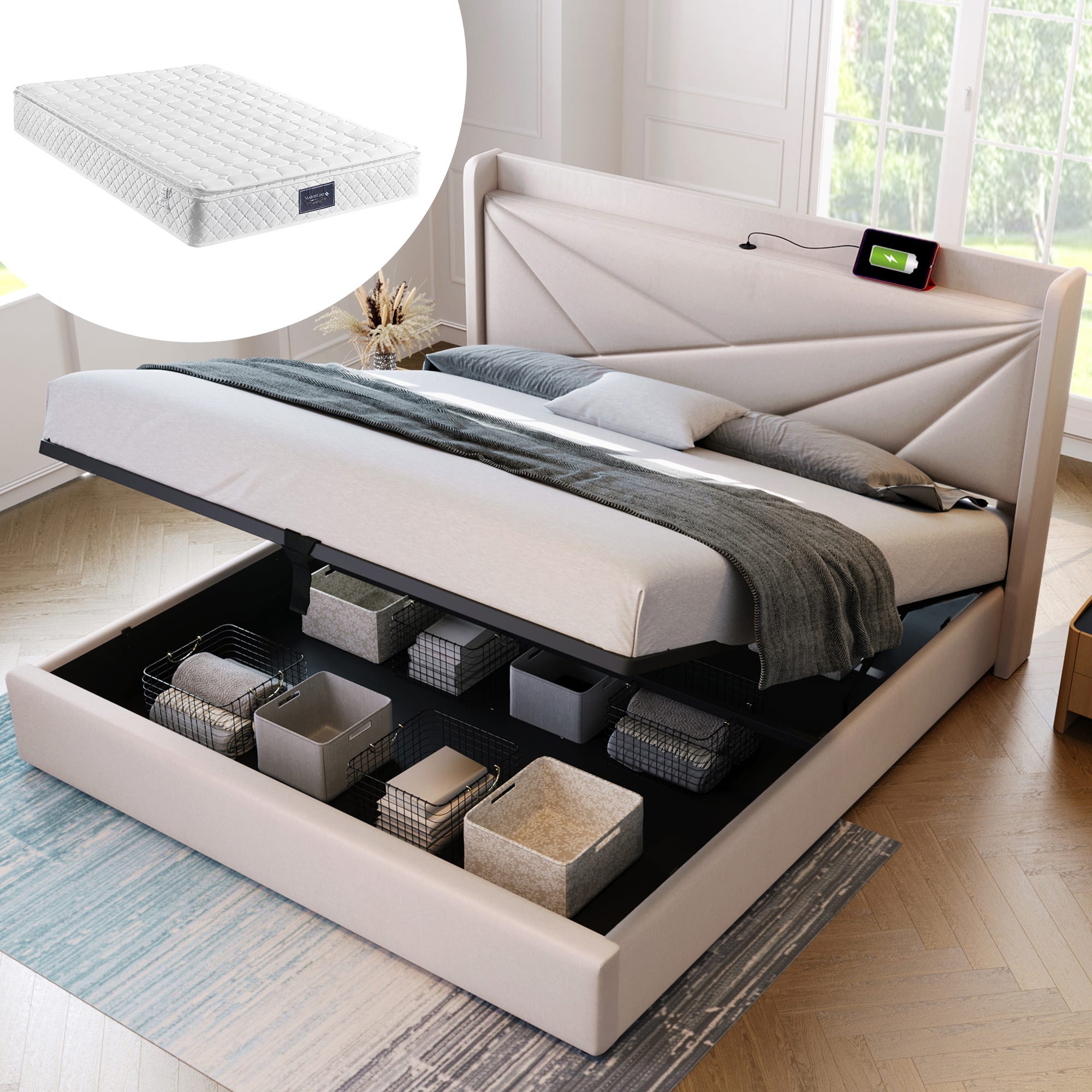 Lit Double 140x200 Avec Sommier Intégré, Rangements Et Ports USB - Montage Facile, Design élégant