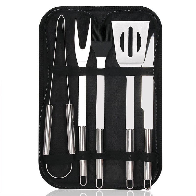 5-częściowy zestaw do grillowania na zewnątrz ze stali nierdzewnej, zawierający nóż, widelec, łopatkę, szczotkę i szczypce