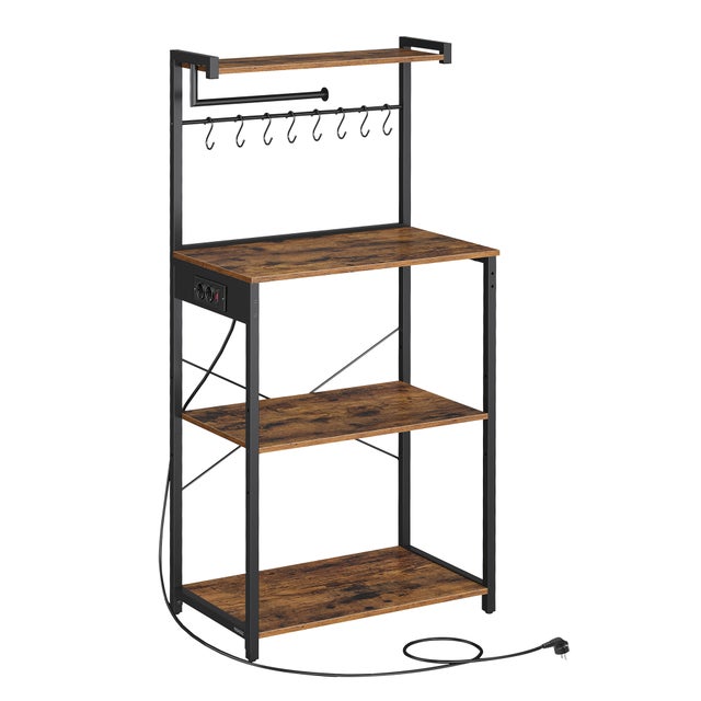 Scaffale da Cucina con Presa Elettrica, Bar Caffè 4 Ripiani, per Microonde, 40 x 60 x 140 cm, Marrone Vintage e Nero