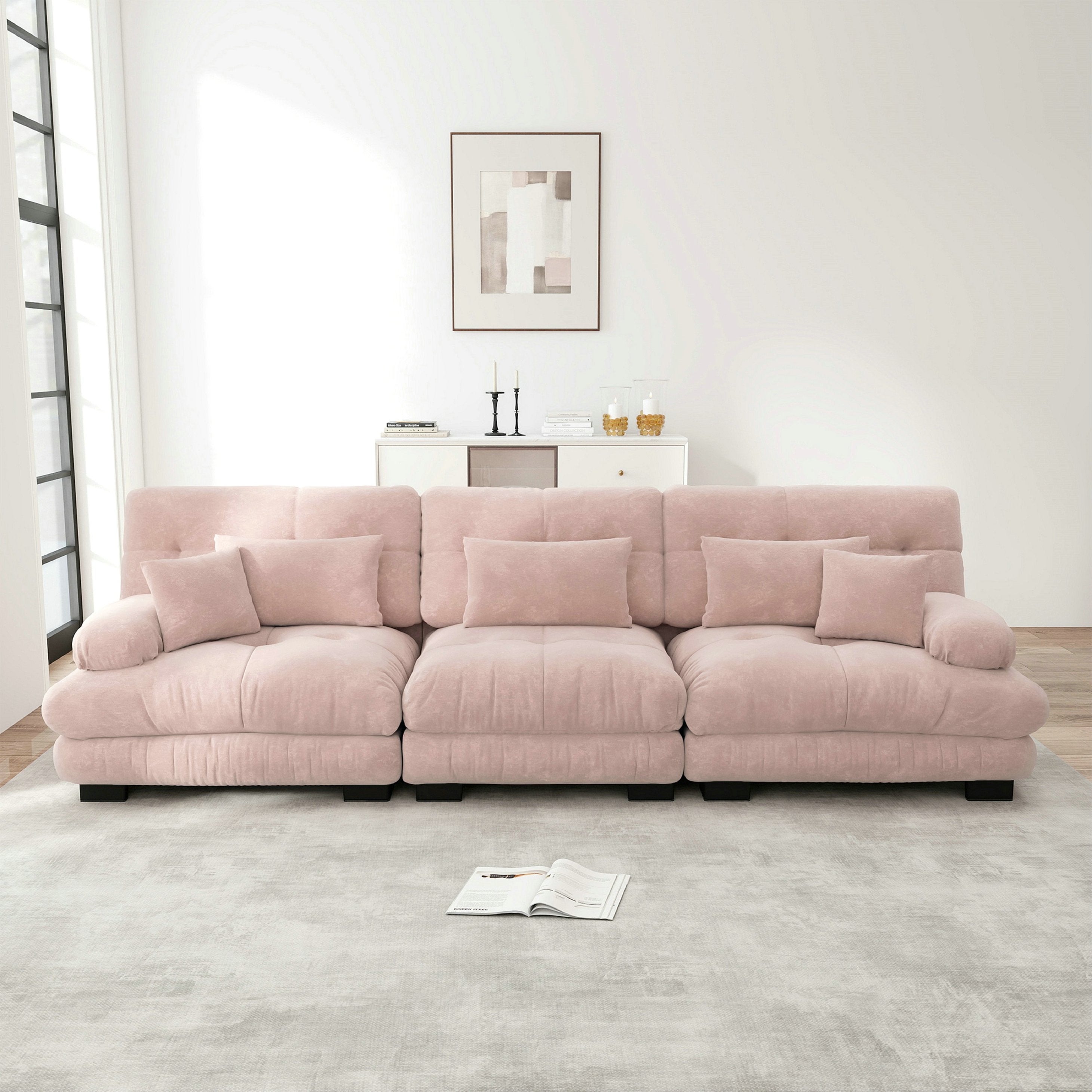 Canapé d\'angle modulaire luxueux 3 places - en forme de nuage,Élégant confortable – canapé-lit profond avec pouf – chenille – rose - 3