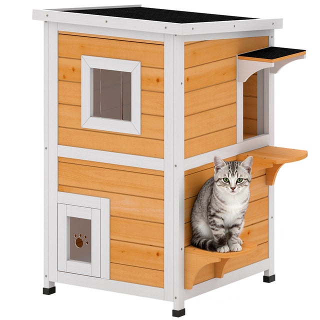 Casa para Gatos Exterior 2 Níveis Madeira Telhado Basculante 51x51x81cm