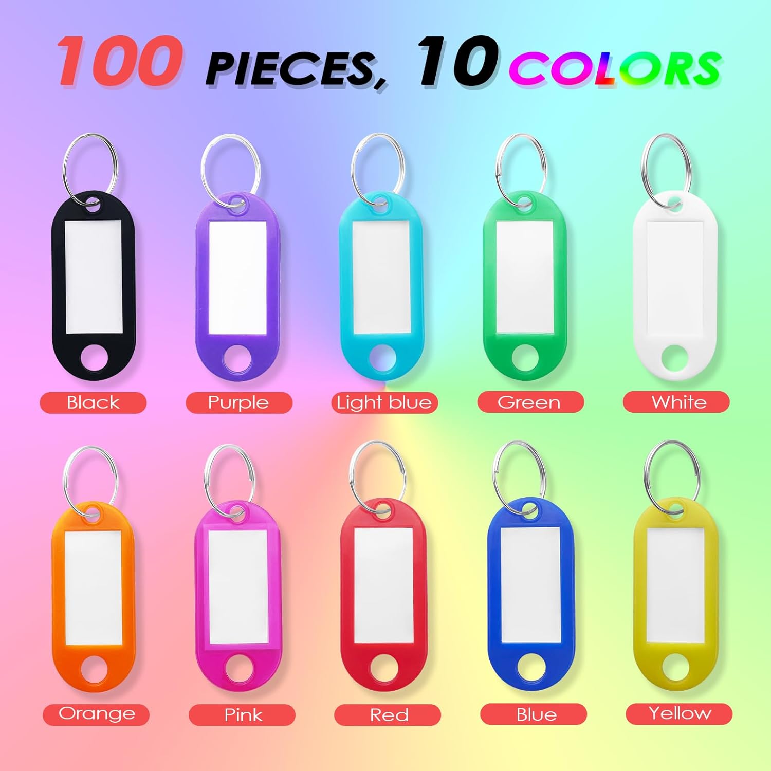 100 pezzi portachiavi, targhette portachiavi in plastica, portachiavi scrivibili in 10 colori, targhette identificative con portachiavi - 3