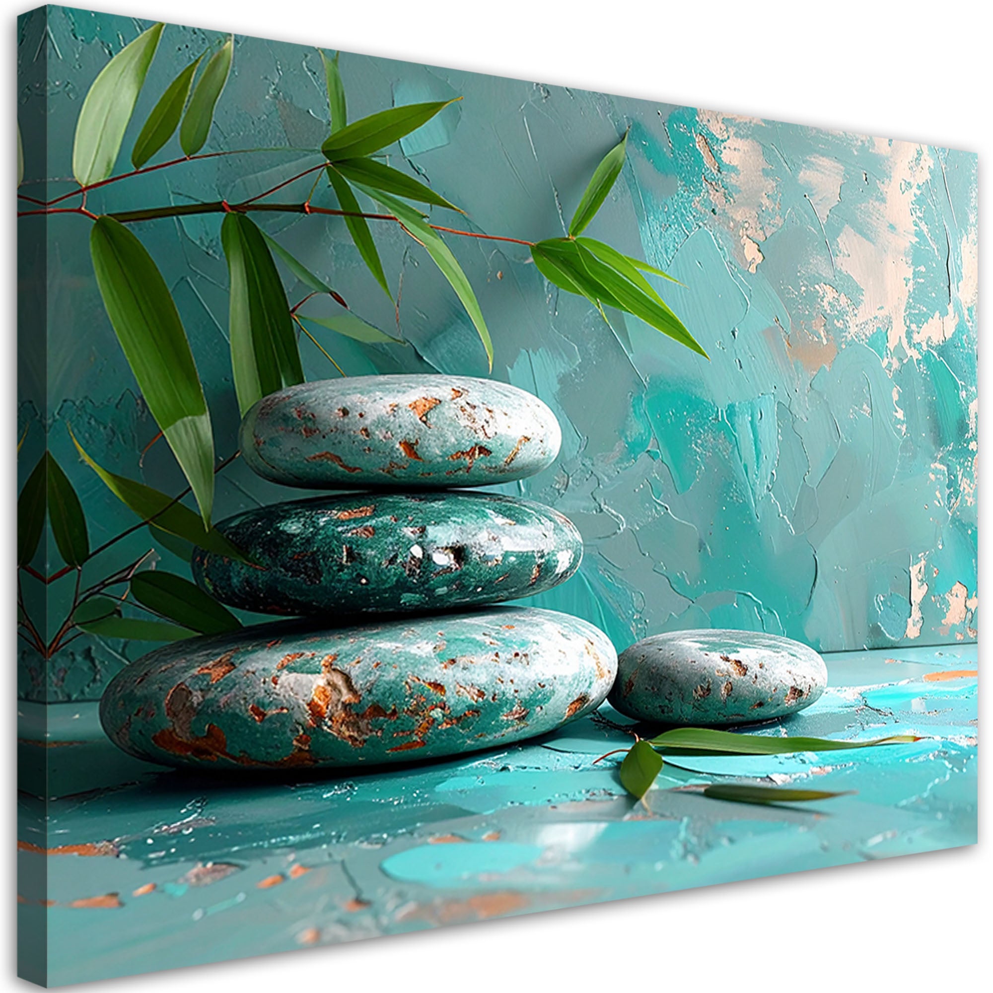 Obraz do salonu sypialni, Kamienie zen spa liście na turkusowym tle 60x40