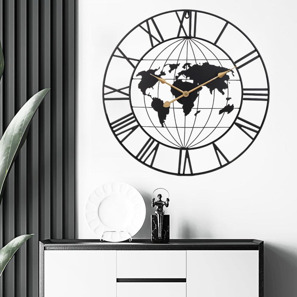 Reloj de pared grande, moderno y minimalista de metal con mapa del mundo, redondo, decorativo, funciona con pilas, ideal para salón, oficina o escuel - 3