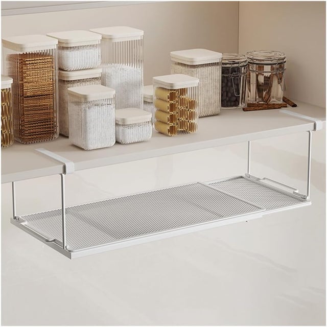 Cesta de almacenamiento extensible para colgar debajo de estante, organizador ajustable de malla metálica para cocina, oficina o despensa,blanco 38x20