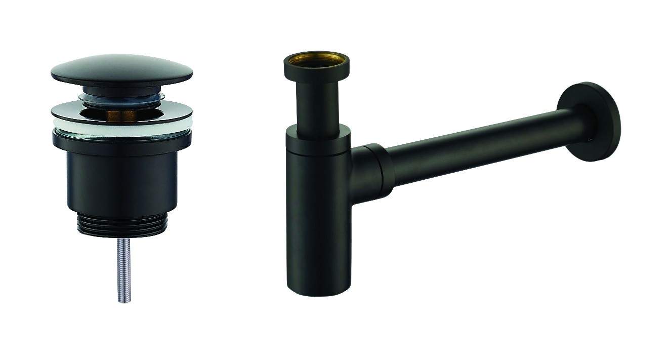 Juego de desagüe y sifón negro mate, modelo redondo piralla kitsca1 - negro mate