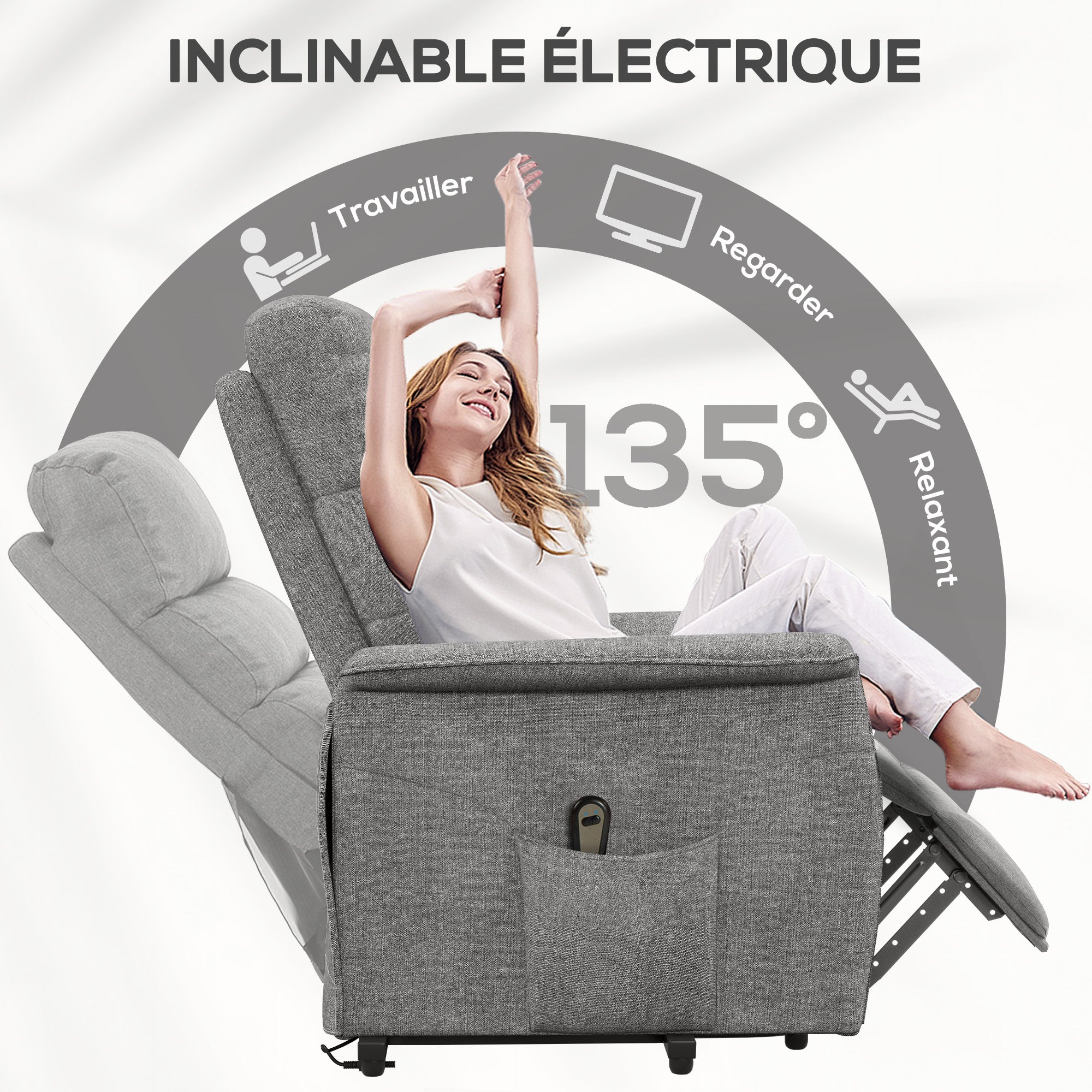 Fauteuil releveur électrique avec repose pied dossier inclinable télécommande et pochette gris - 7