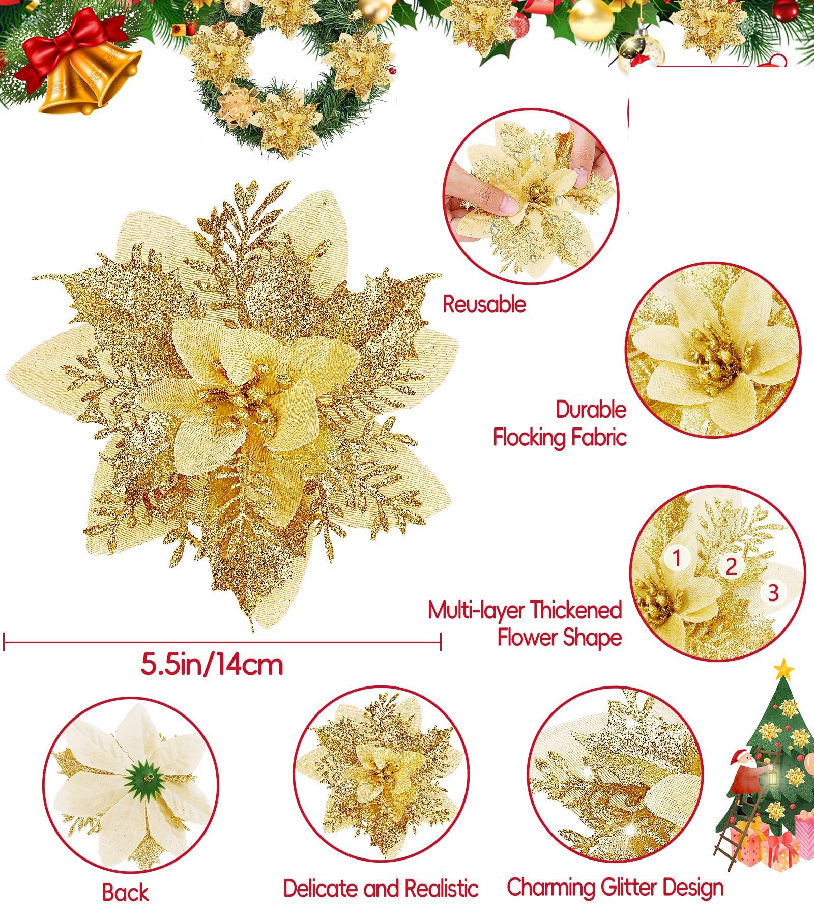 50 pièces décorations de noël, fleurs de noël artificielles avec clips, guirlande d'arbre de noël scintillante pendentifs de fleurs artificielles - 4