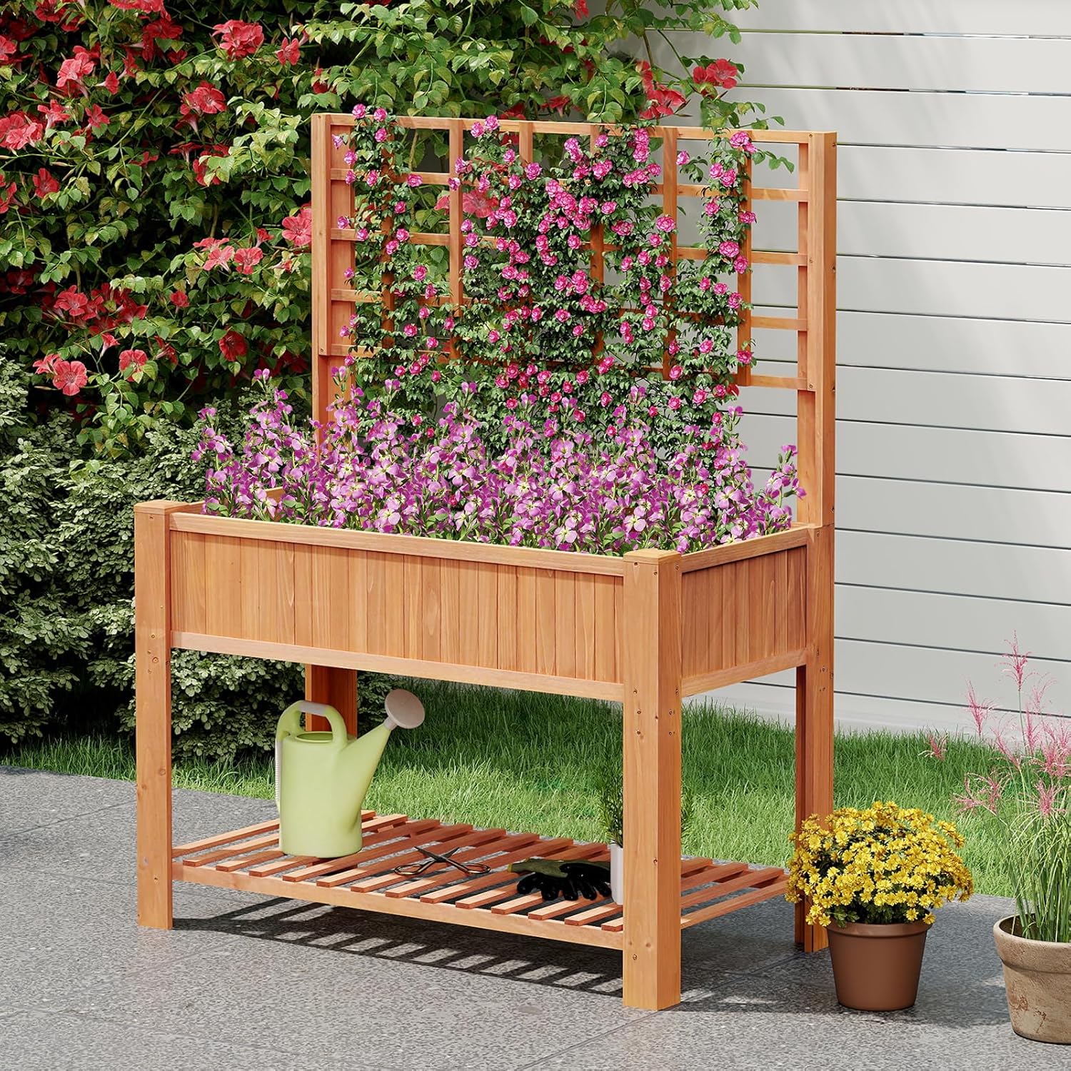 Jardinière sur pieds carré potager avec étagère dim. 110L x 46l x 76H
