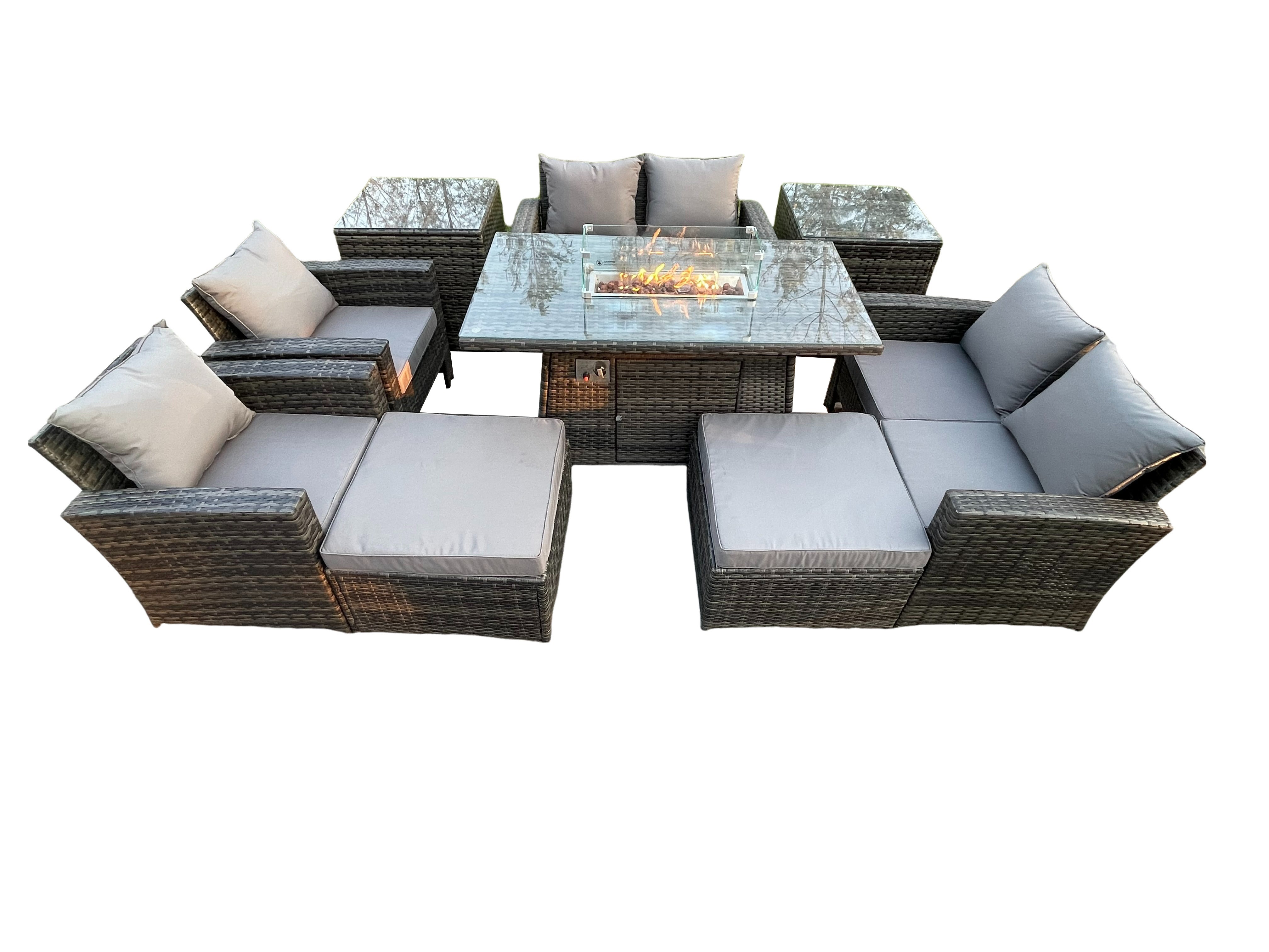 Meubles de Jardin en rotin 9 pièces Meubles en polyrotin Foyer à gaz