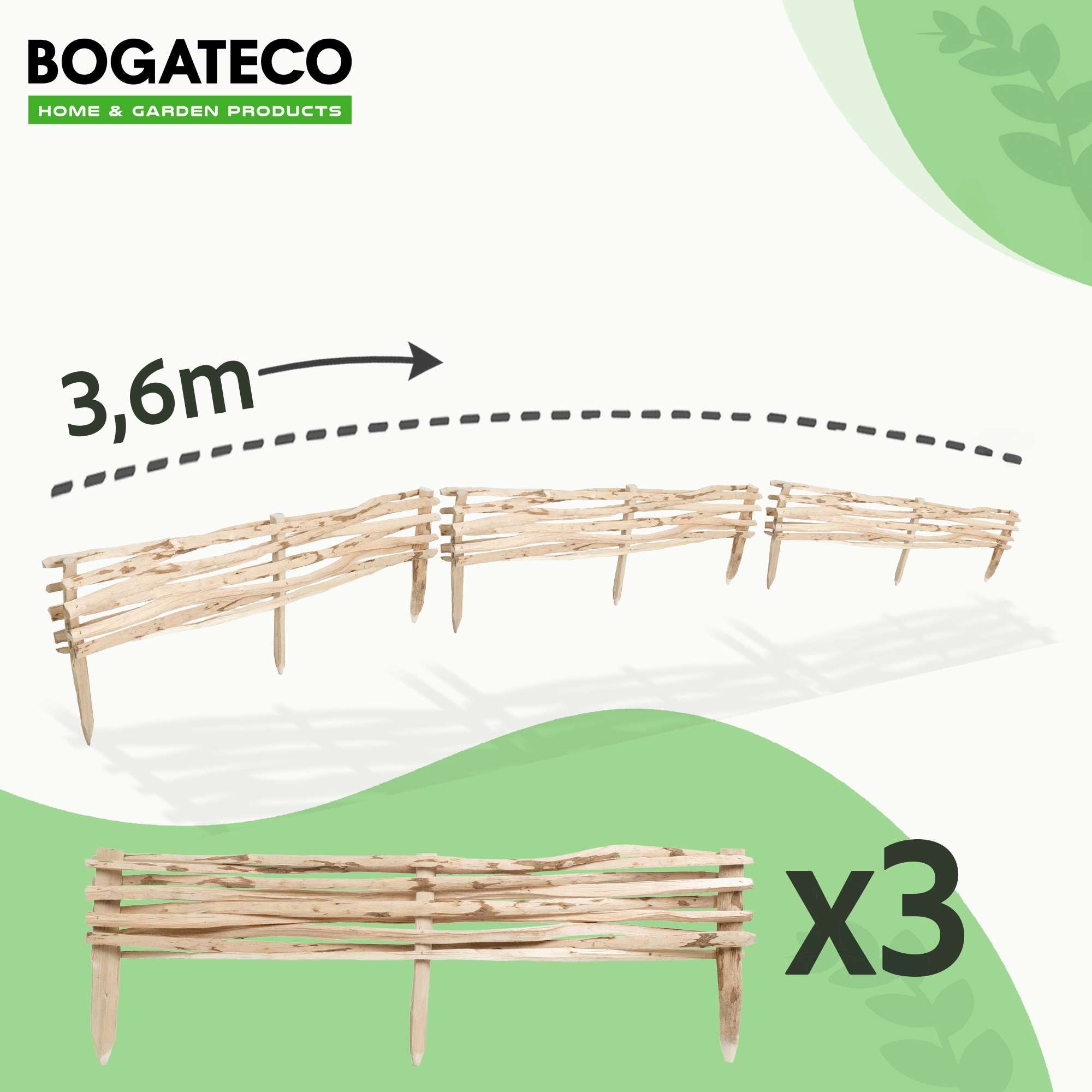 BOGATECO Lot de 3 Bordures de Jardin en Noisetier Naturel - Longueur 120 cm - Hauteur 20 cm - Clôture à Planter - Support de Parterre en Bois - 3