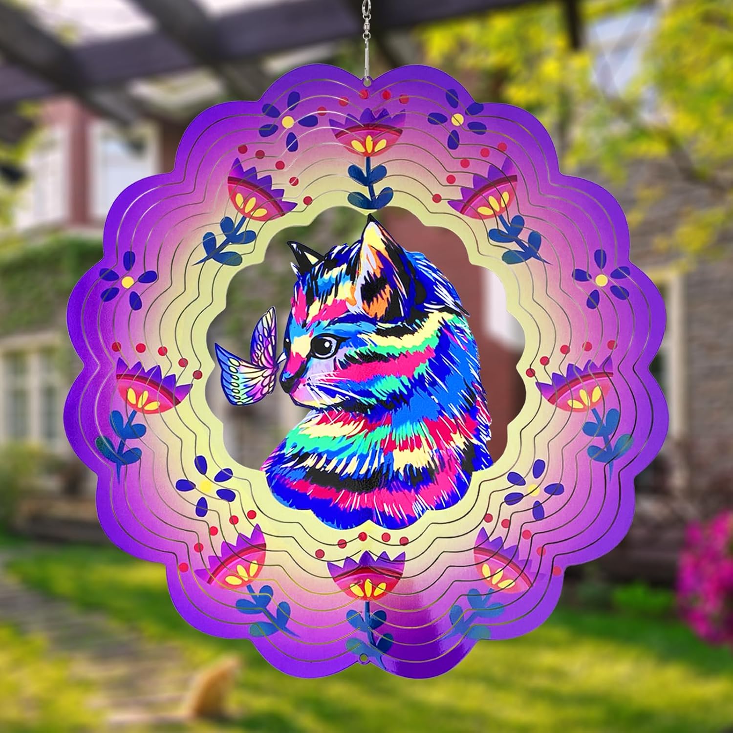 Wiatrak w kształcie kota 3D, wisząca dekoracja w kształcie kota, prezent dla kobiet, mam, babć, 30-centymetrowa metalowa rzeźba kinetyczna do dekorac