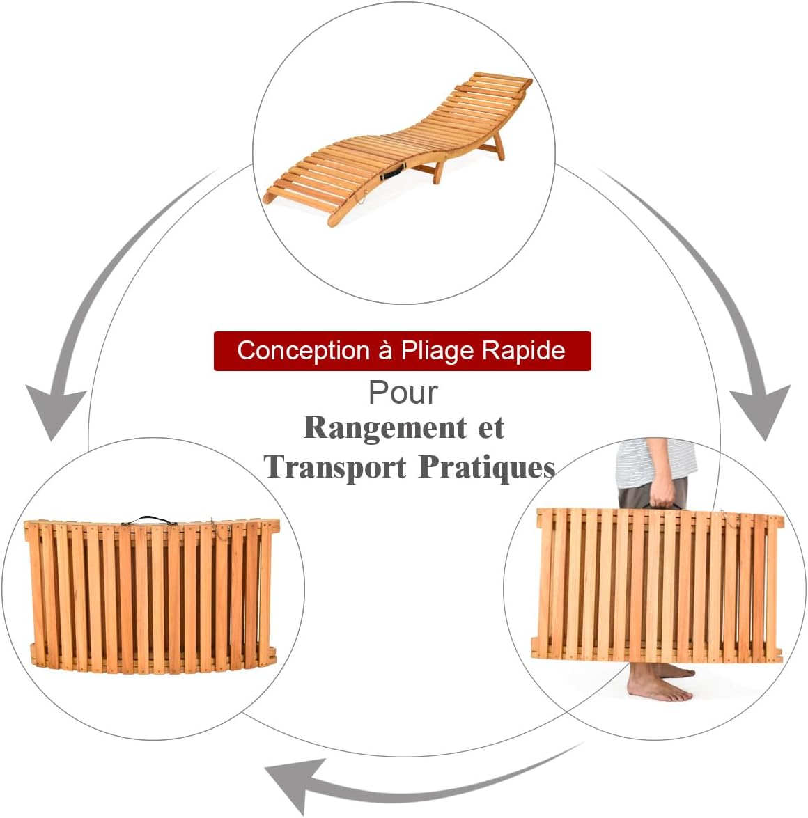 Leżak drewniany, składany leżak ogrodowy z nakładką i składanym zagłówkiem, ergonomiczny leżak na taras, do 180 kg, drewniany leżak do ogrodu, - 5