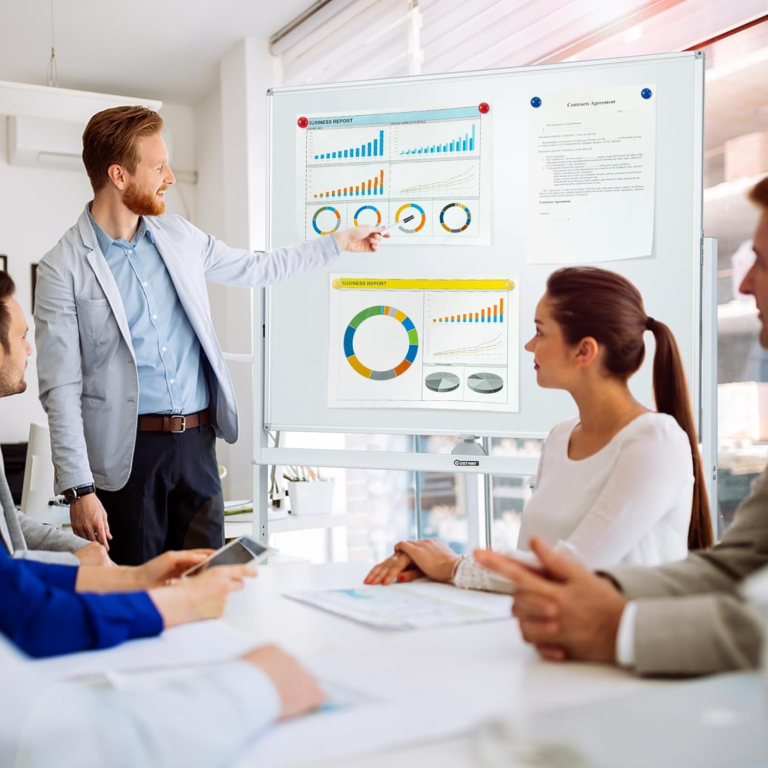 Lavagna Bianca Regolabile in Altezza con Ruote e Bordo Magnetico, Lavagna a Doppio Lato Cancellabile a Secco con Griglia, 4 Ruote Bloccabili, - 7