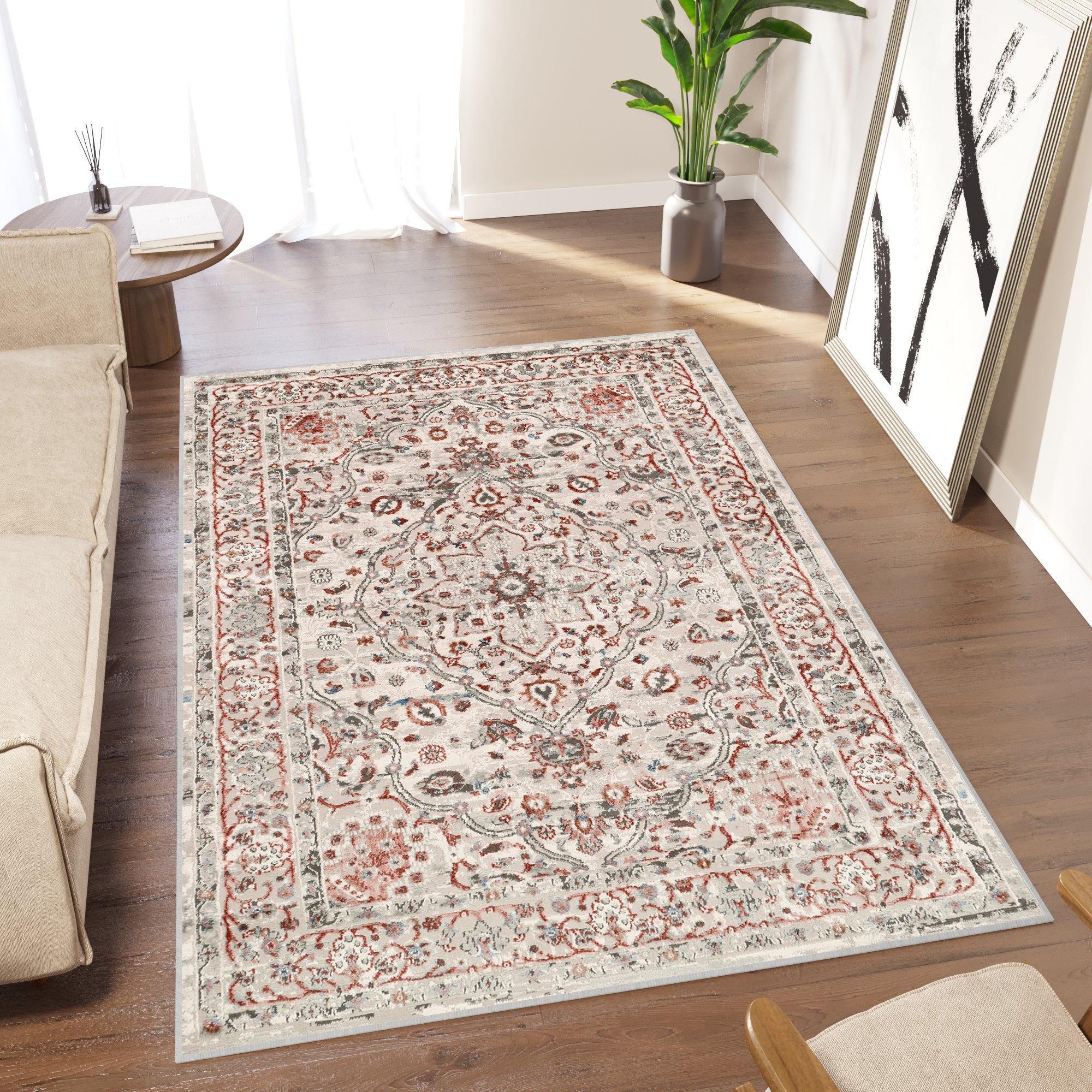 Tapiso retro alfombra de pelo corto vintage gris marrón pelirrojo floral roseta borde sala habitación oficina oeko-tex resistente 120 x 170 cm