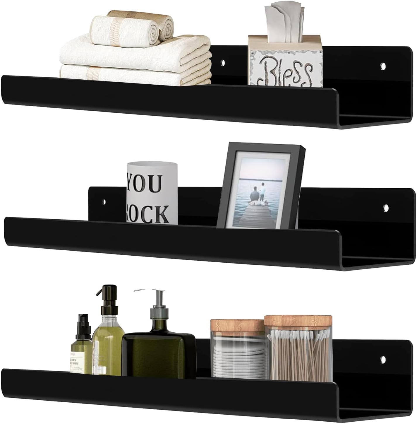 Zestaw 3 akrylowych półek ściennych, 38 cm, do sypialni, łazienki, salonu, kuchni i wystroju pokoju (czarne)
