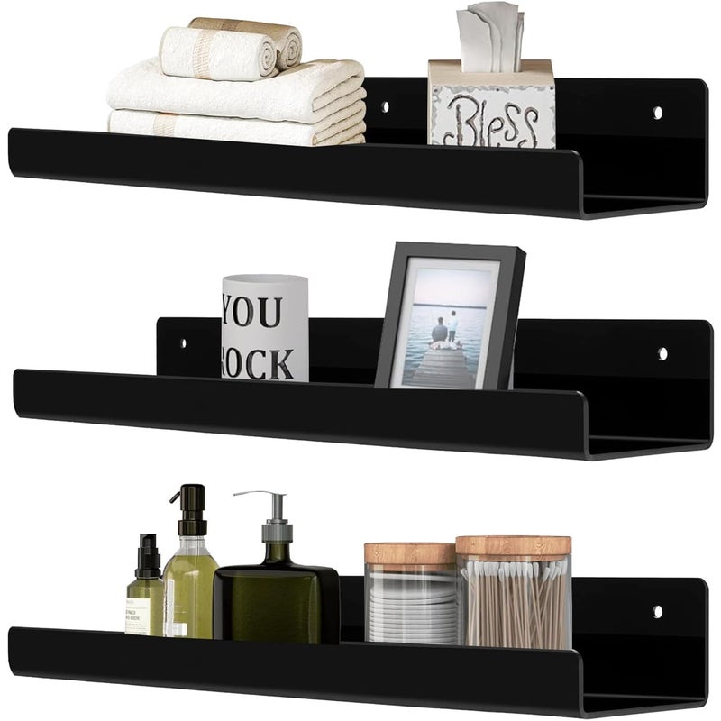 Zestaw 3 akrylowych półek ściennych, 38 cm, do sypialni, łazienki, salonu, kuchni i wystroju pokoju (czarne)
