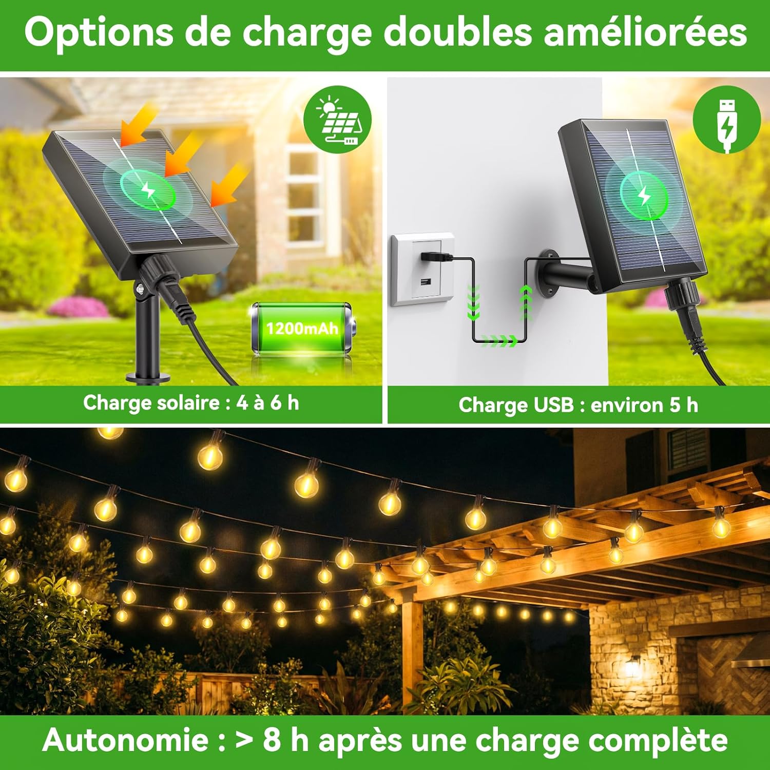 Guirlande lumineuse solaire d'extérieur avec télécommande LED réglable G40 pour balcon, terrasse, mariage, fête 15 m - 3