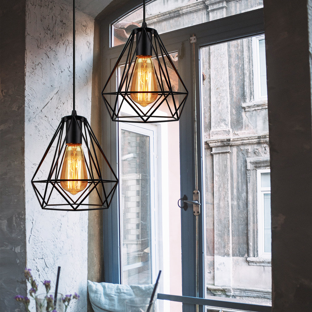 Lámpara Colgante Vintage De 3 Luces, Pantalla De Diamante Metálica Negra, Techo Retro Para Salón O Restaurante, Apto Para Bombillas E27 (No Incluidas)