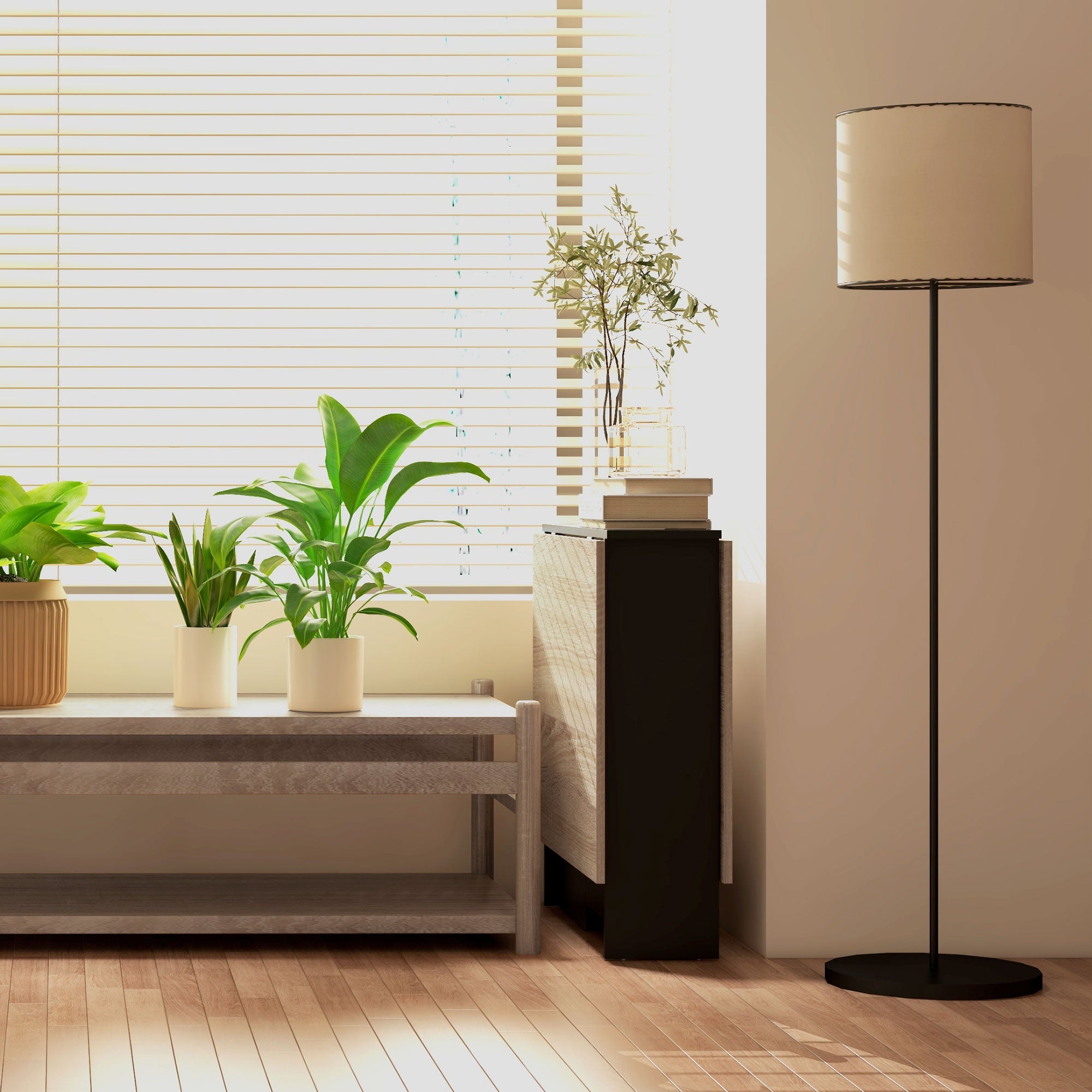 HOMCOM Tavolo Pieghevole Consolle per 4-6 persone con Ruote e Ripiani, 140x75x74cm, Rovere e Nero - 9