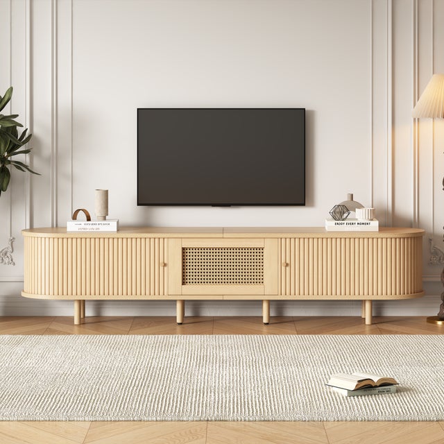 Stolik pod telewizor z 2 drzwiami przesuwnymi, 1 szufladą z efektem rattanu i regulowanymi nóżkami - MDF - 180 x 40 x 40 cm - Jasne drewno