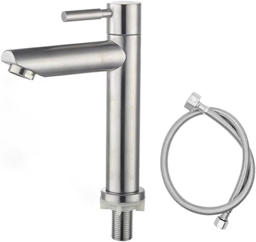 Bateria kuchenna – tylko zimna woda – jednootworowa – stal nierdzewna 304 – z wężem 60 cm – srebrna