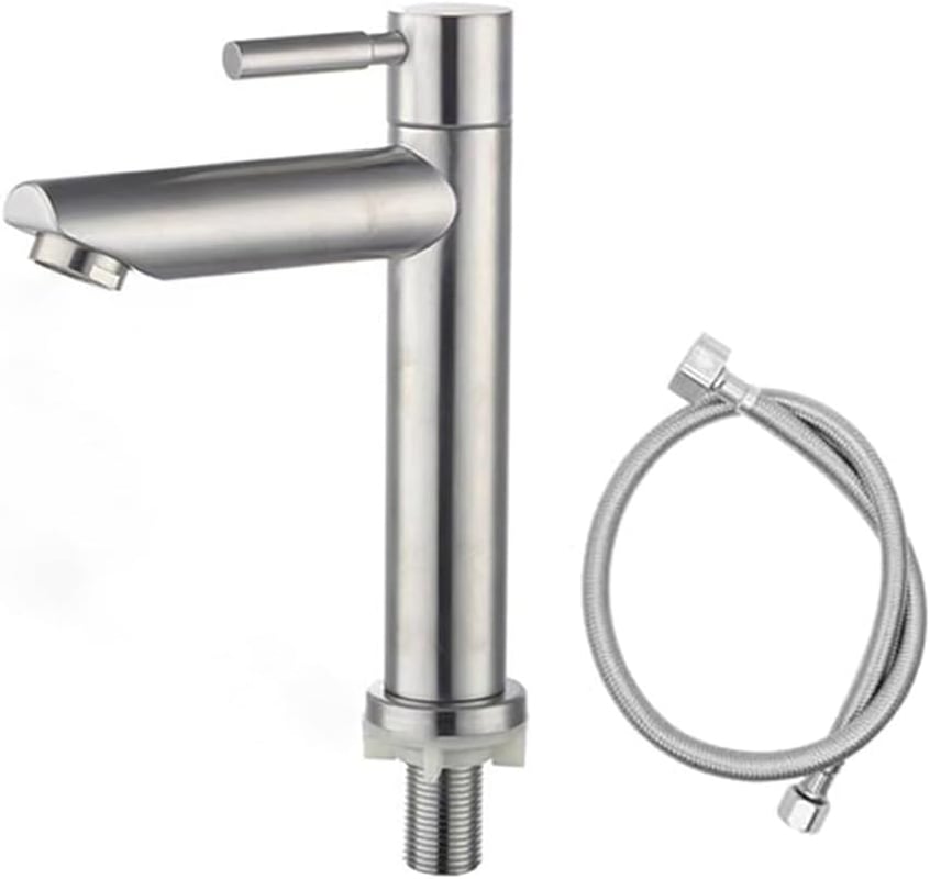 Bateria kuchenna – tylko zimna woda – jednootworowa – stal nierdzewna 304 – z wężem 60 cm – srebrna