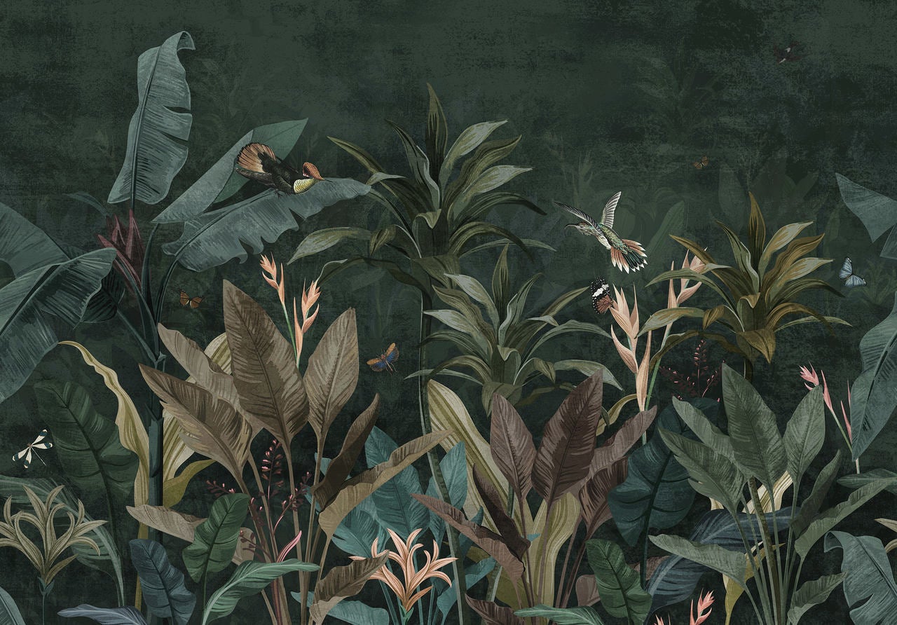 Papel pintado fotografia panorámica hojas selva pájaros 312x219 cm - incluye cola - moderno salon dormitorio papel no tejido