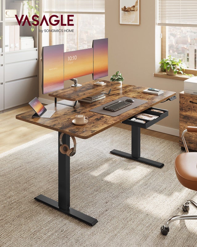 Bureau Électrique Réglable en Hauteur, 140 x 70 cm, Support d'Écran à Montage Flexible, Tiroir, Port USB-C, Rappel de Sédentarité, Marron Rustique - 2
