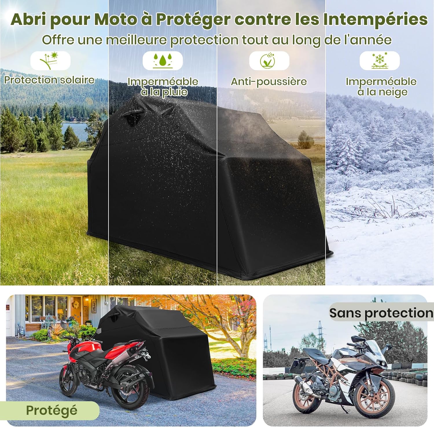 Riparo moto da esterno 342 x 137 x 193 cm, copertina moto impermeabile in tessuto Oxford, finestra di ventilazione, viti di espansione, riparo auto - 3