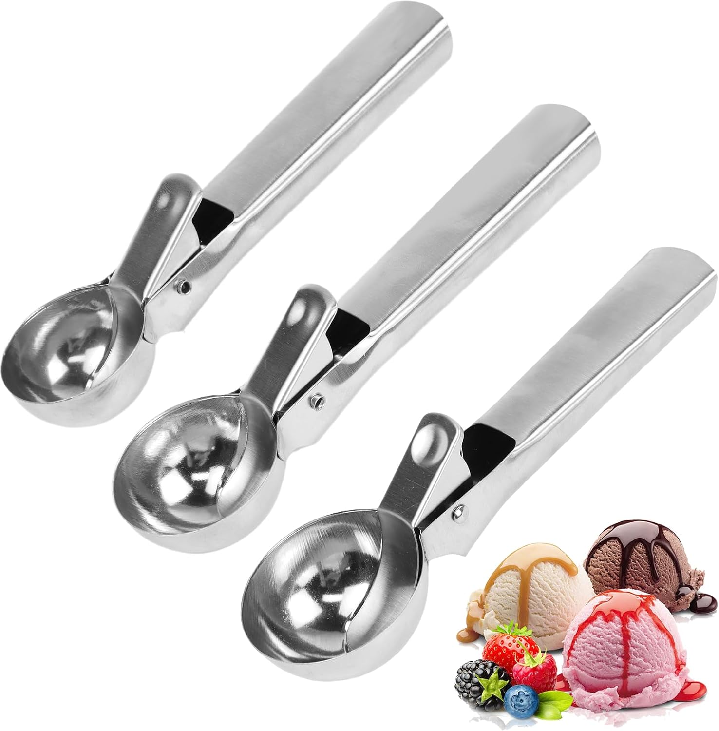 3 cucchiai per gelato in acciaio inossidabile con grilletto - diverse misure - per gelato, impasto per torte, melone, biscotti, frutta | Leroy Merlin