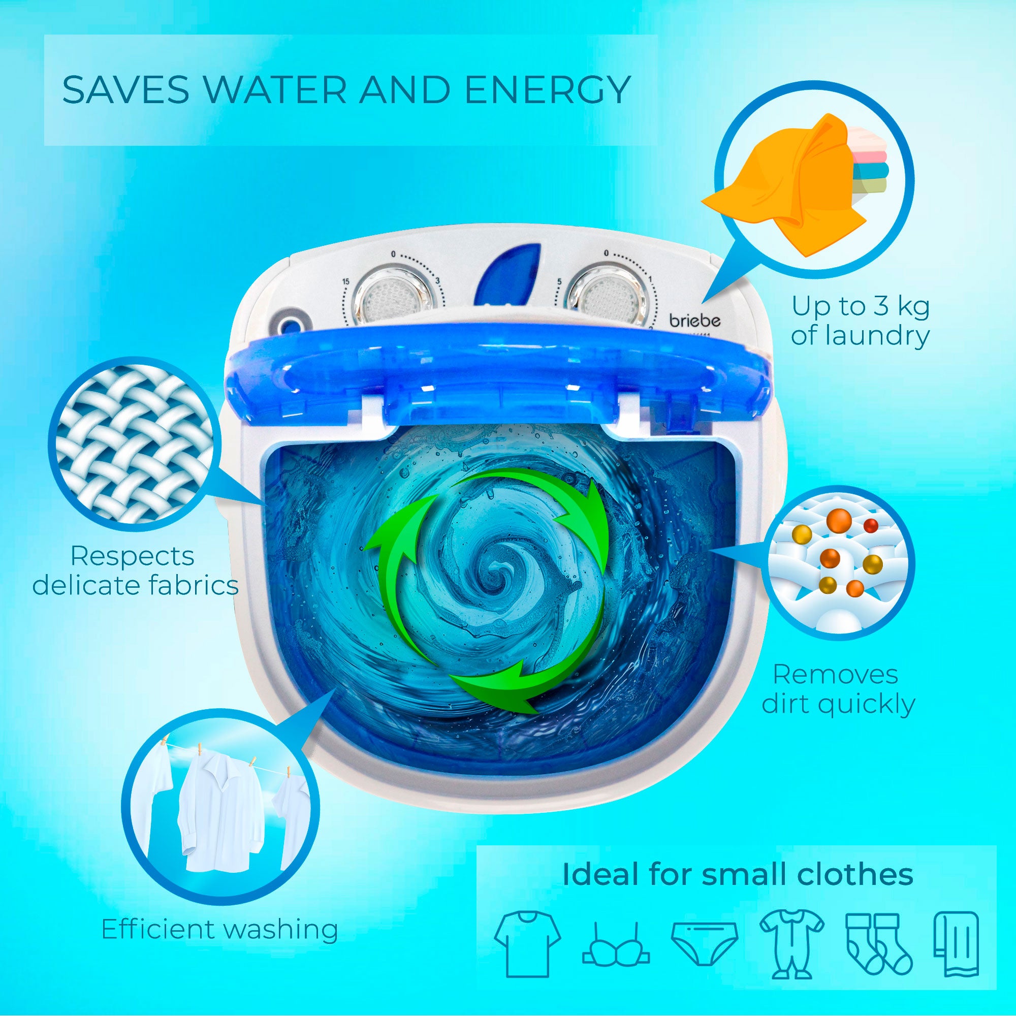 Mini Máquina de Lavar Roupa Portátil com Centrifugadora, Ideal para Campismo Capacidade 3Kg Briebe Branco azul WM1111 150 W - 3