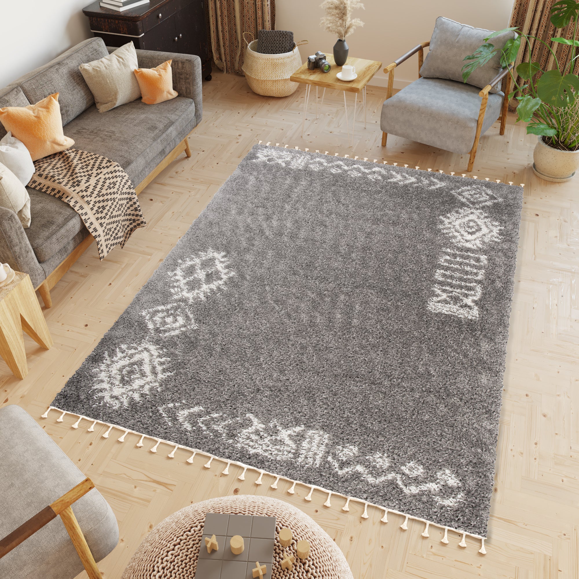 Tapiso boho alfombra salon sala gris crema etnico borlas trenzas gorda shaggy 120 x 170 cm